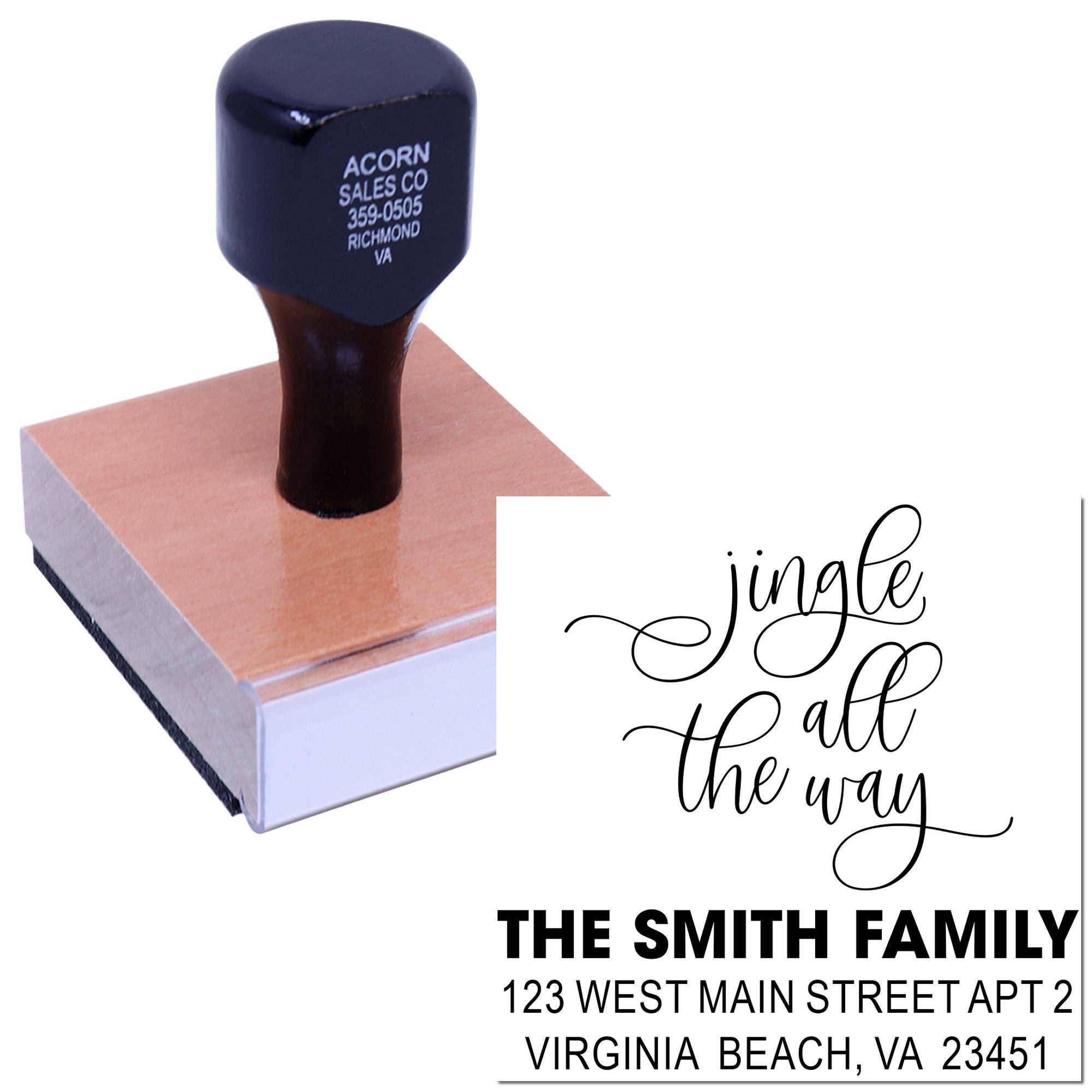 Custom holiday return address rubber stamp with jingle all the way design for The Smith Family.