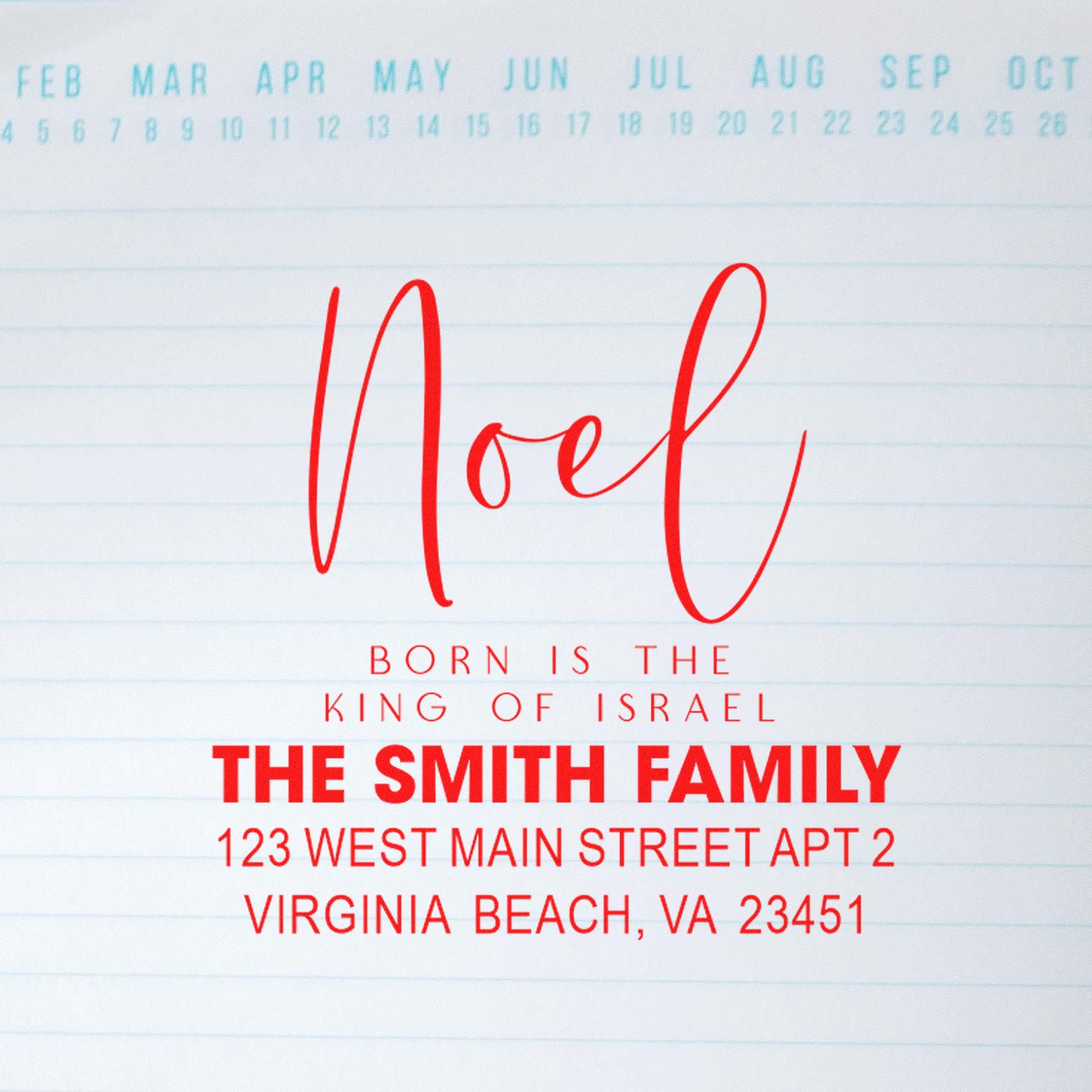 Custom Christmas return address rubber stamp with Noel for The Smith Family, Virginia Beach, VA.