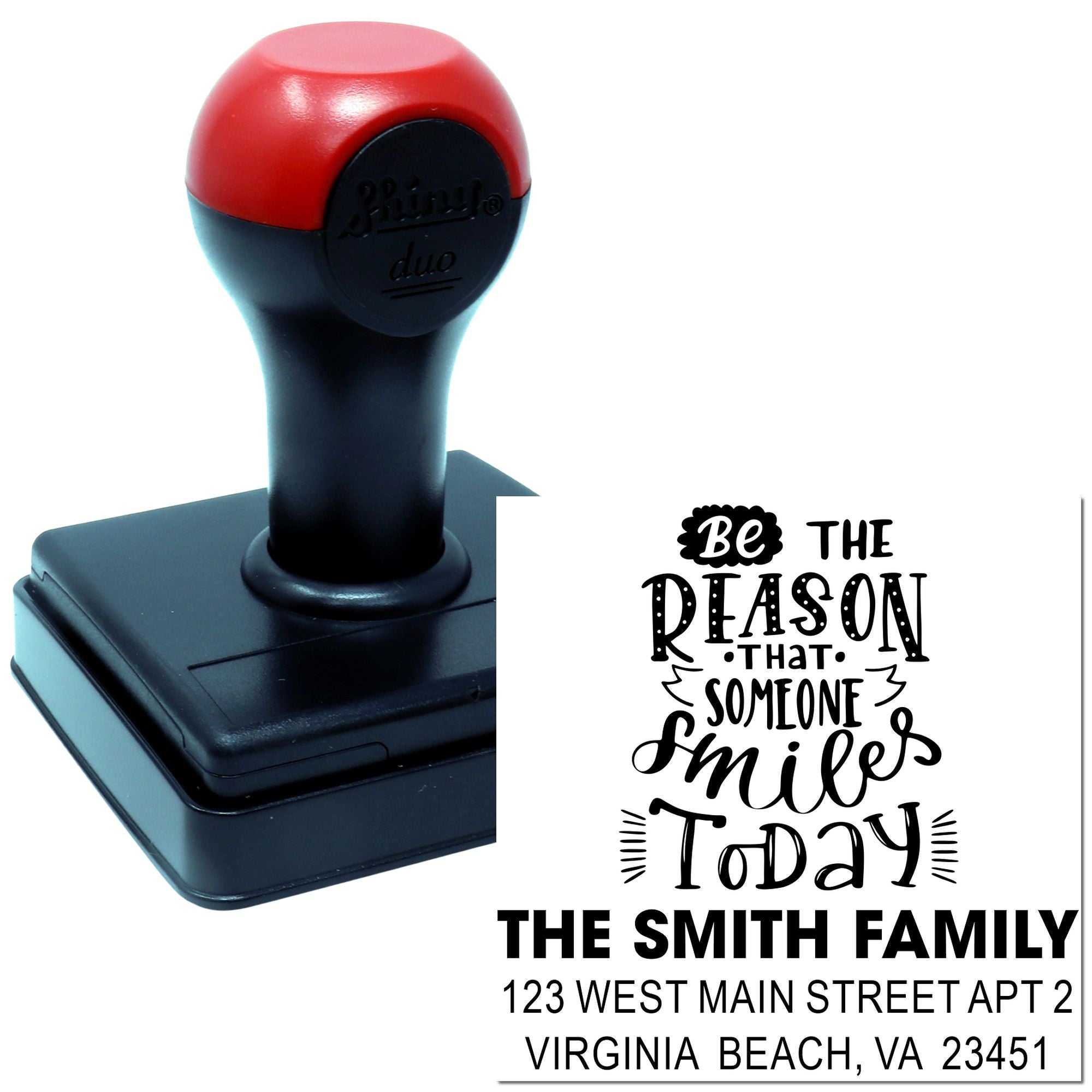 Custom self-inking rubber stamp with motivational quote and personalized family return address imprint for mail and crafts.