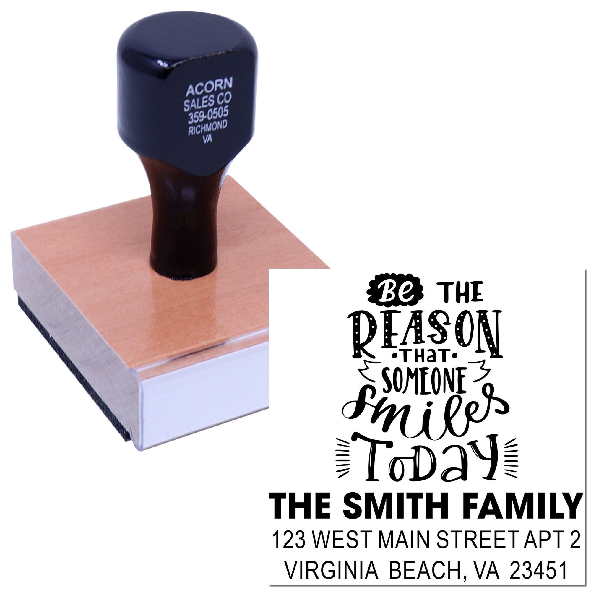 Custom rubber address stamp featuring a motivational quote and family name for envelopes, cards, and crafts.