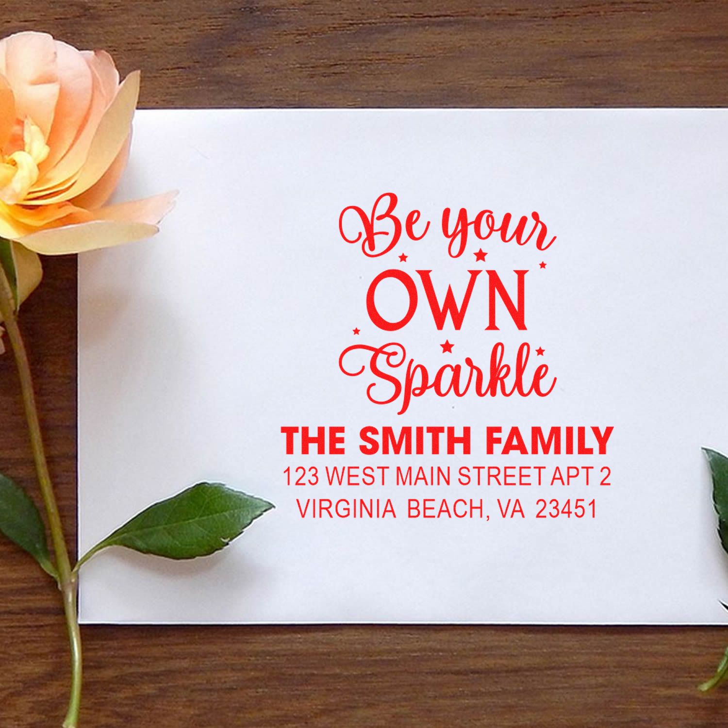 Personalized return address rubber stamp design reading Be Your Own Sparkle for The Smith Family, Virginia Beach, VA.