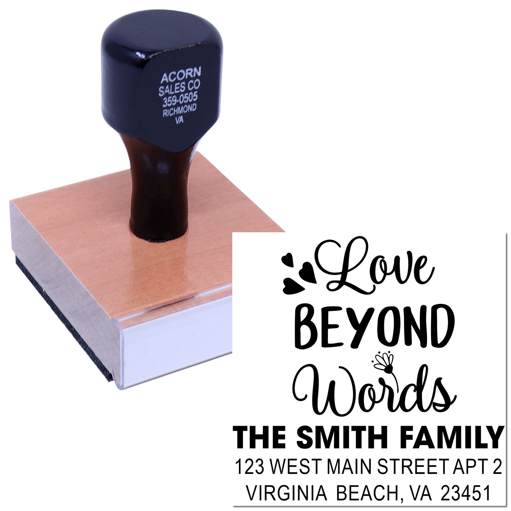 Custom rubber stamp with Love Beyond Words return address design for personalized family mailings and stationery.