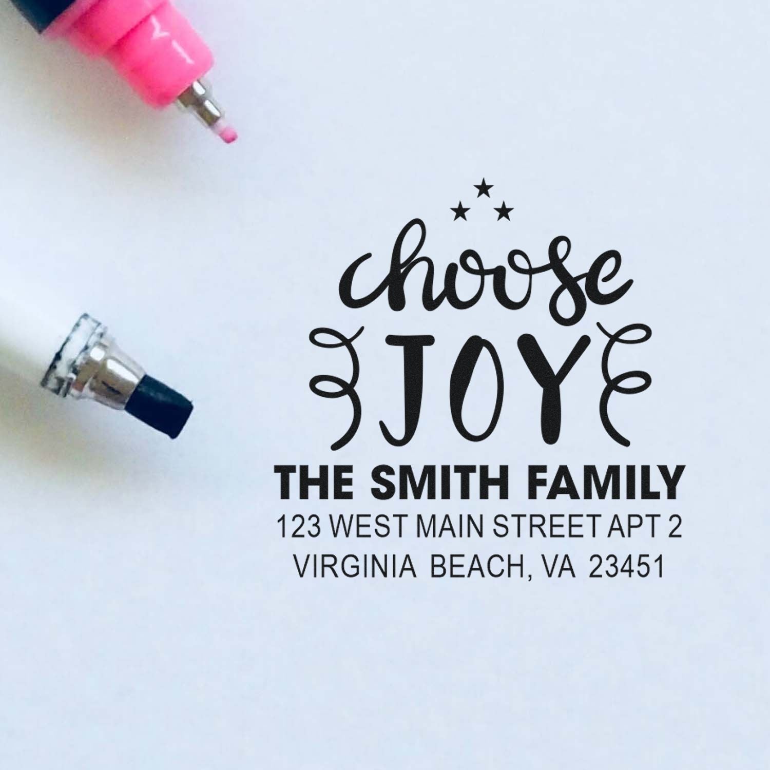 Custom rubber address stamp featuring Choose Joy, The Smith Family name, and Virginia Beach return address.