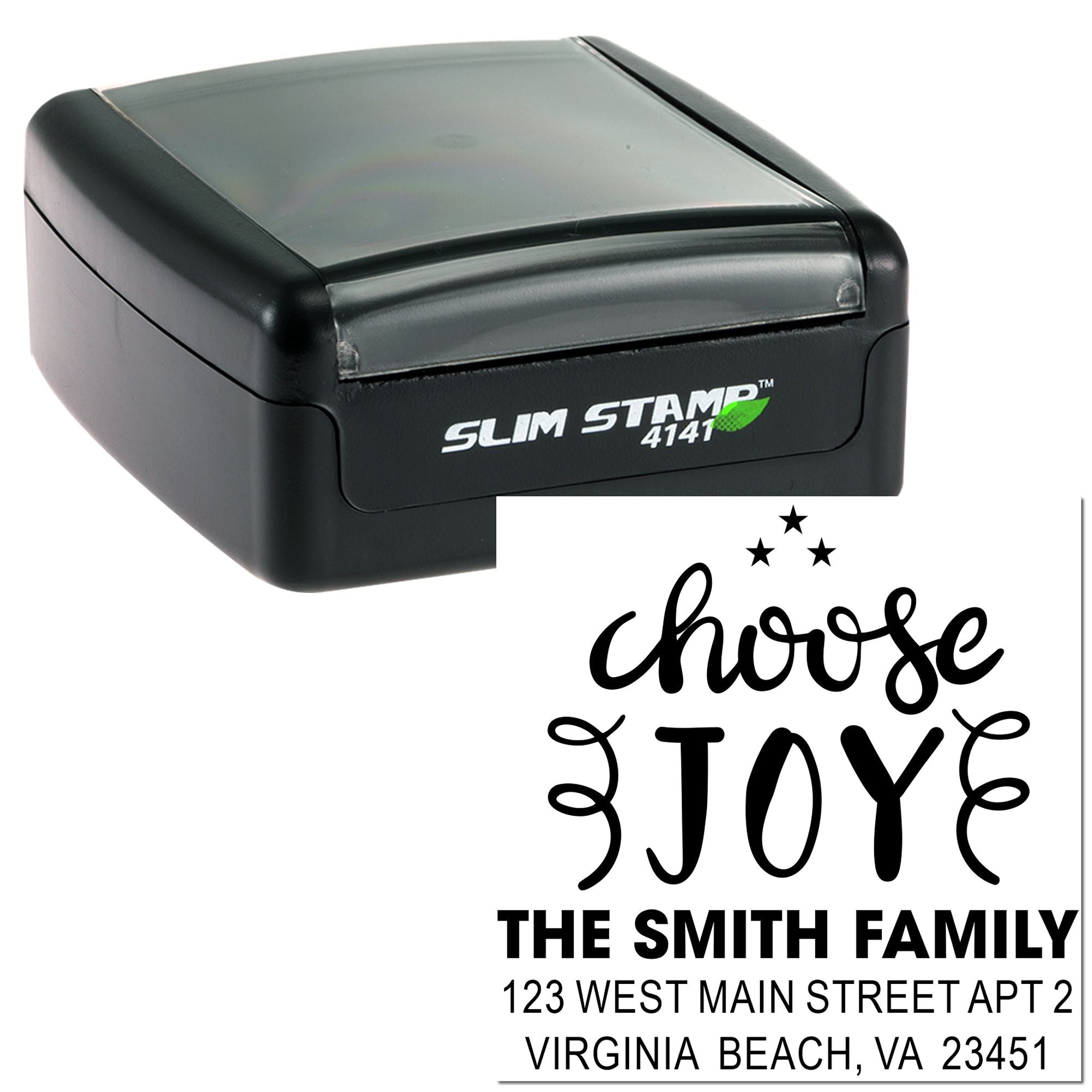 Slim self-inking rubber stamp with custom Choose Joy return address design for The Smith Family.