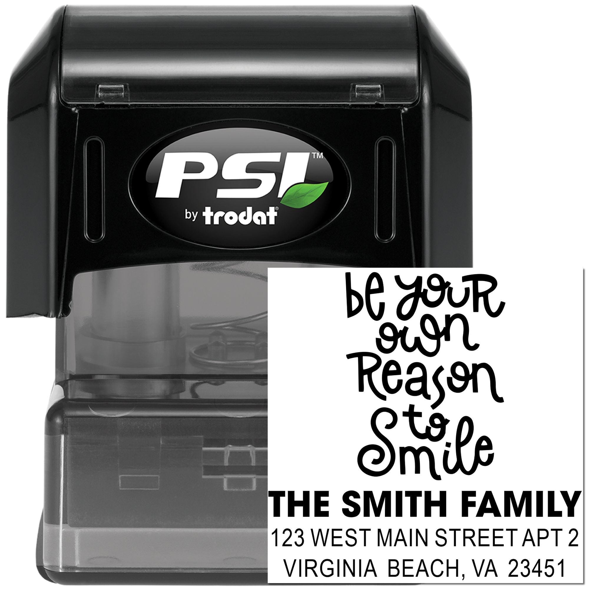 PSI by Trodat custom self-inking return address rubber stamp with sample imprint for The Smith Family, Virginia Beach, VA.