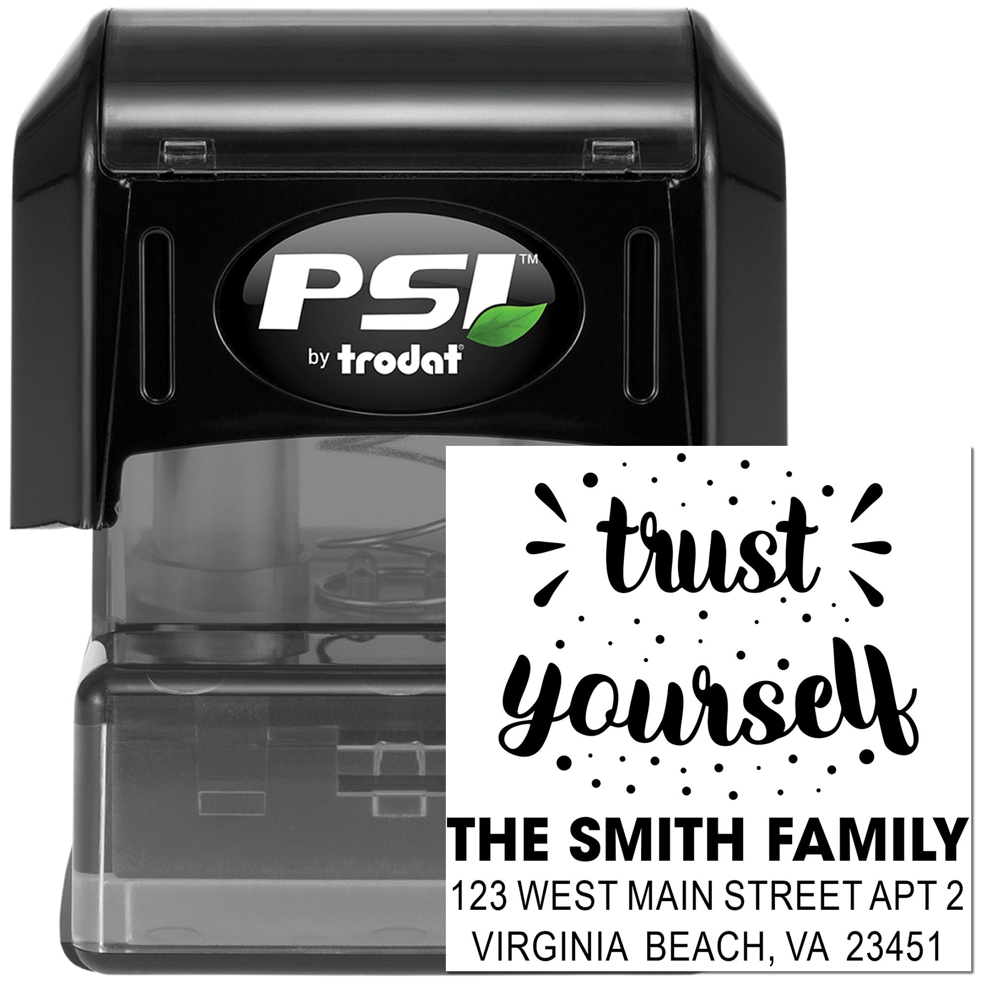 Custom self-inking return address rubber stamp by PSI Trodat with trust yourself design for The Smith Family.