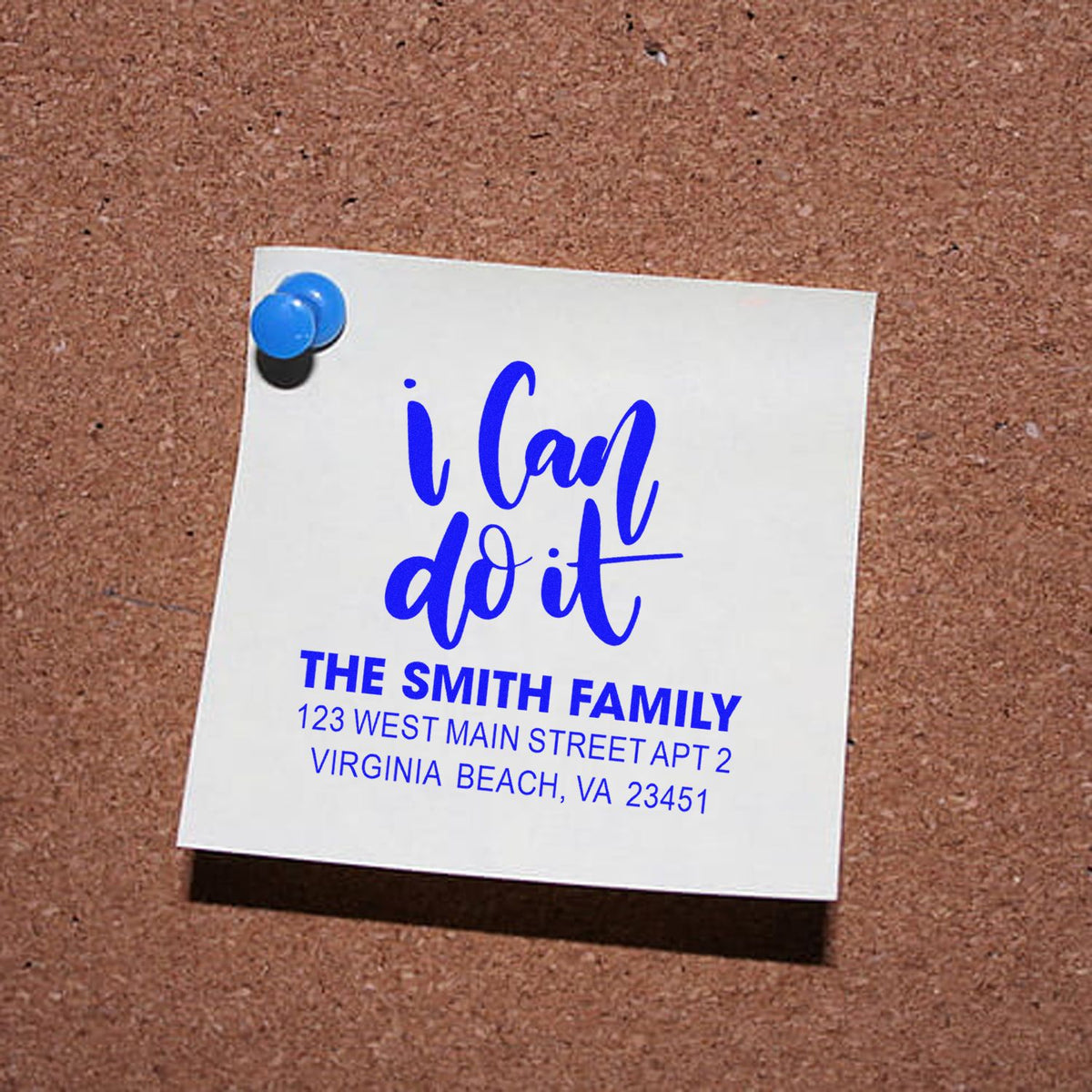 Custom rubber address stamp with I can do it script, The Smith Family name, and Virginia Beach return address.