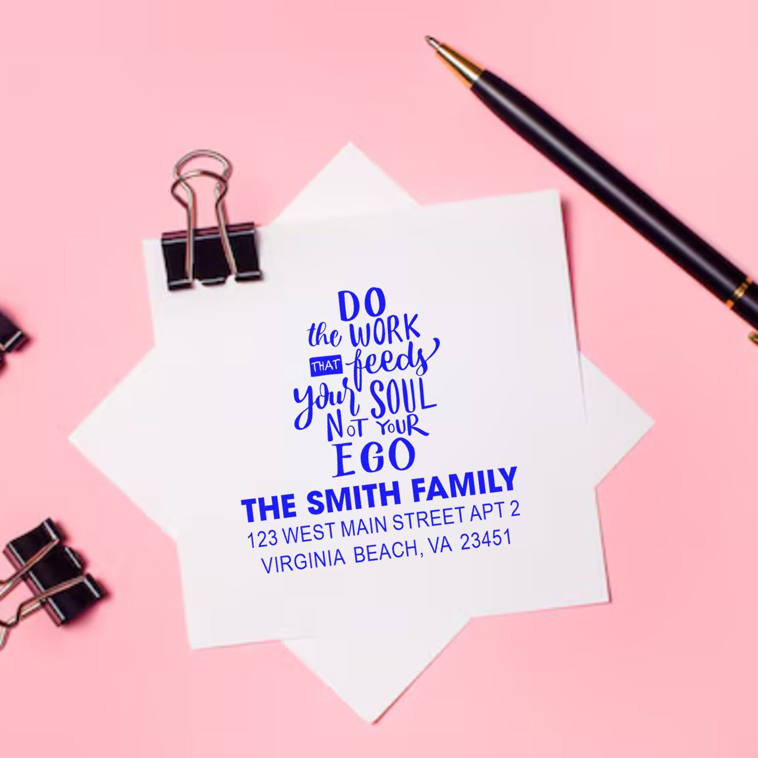 Custom rubber address stamp with motivational quote and family return address for personalized mailing and envelopes.