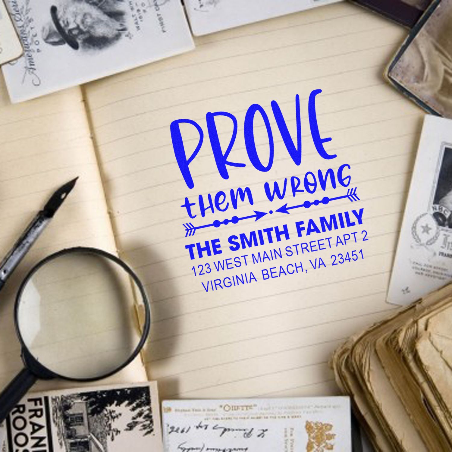 Personalized rubber stamp with Prove them wrong quote and Smith family return address for custom mail labeling.
