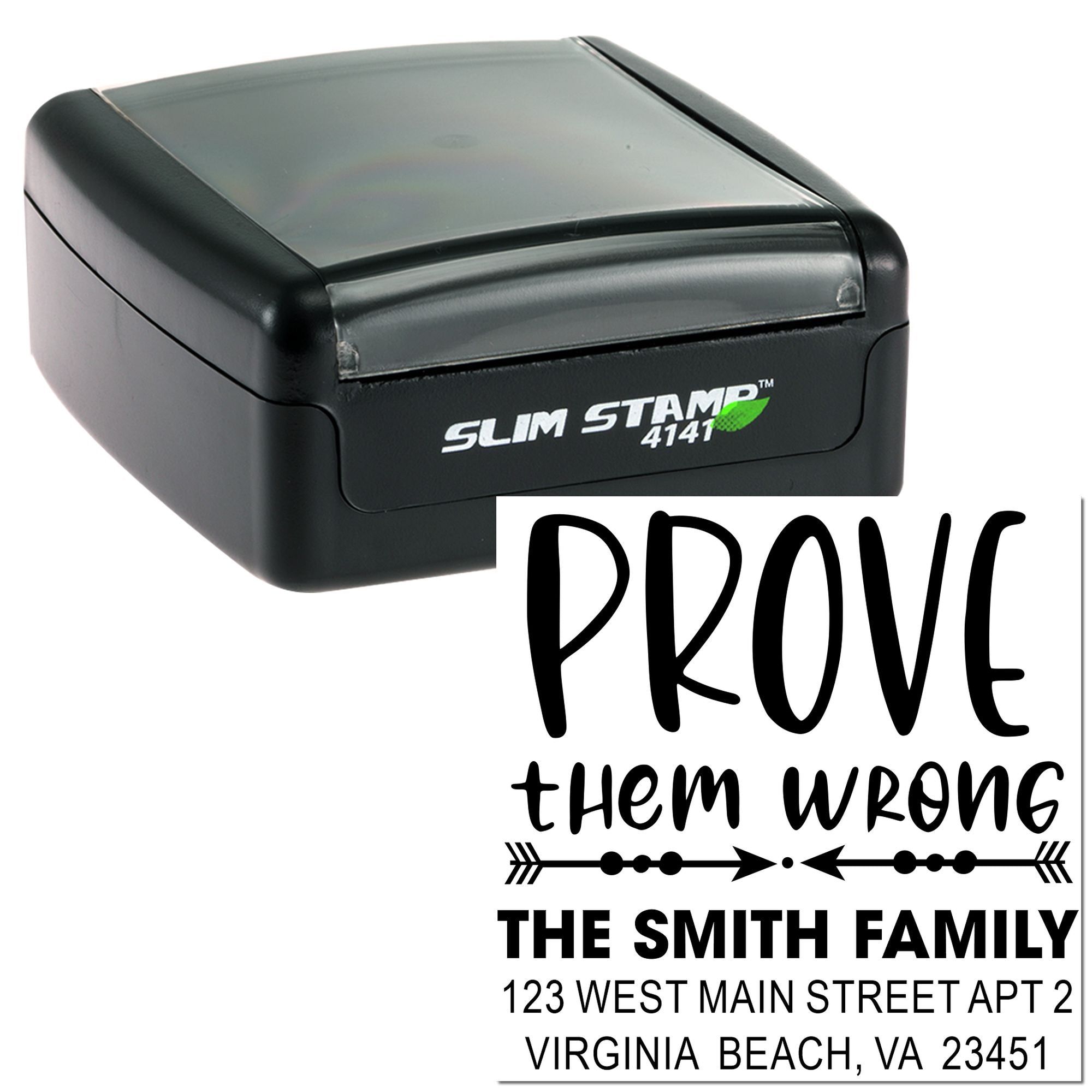 Self-inking Slim Stamp return address proof with custom family name and address design for personalized mailings.