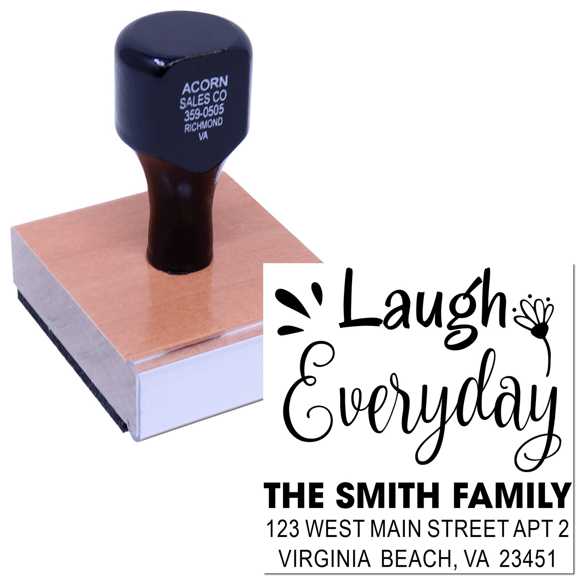 Personalized rubber address stamp with Laugh Everyday script and Smith family return address for custom mailing.