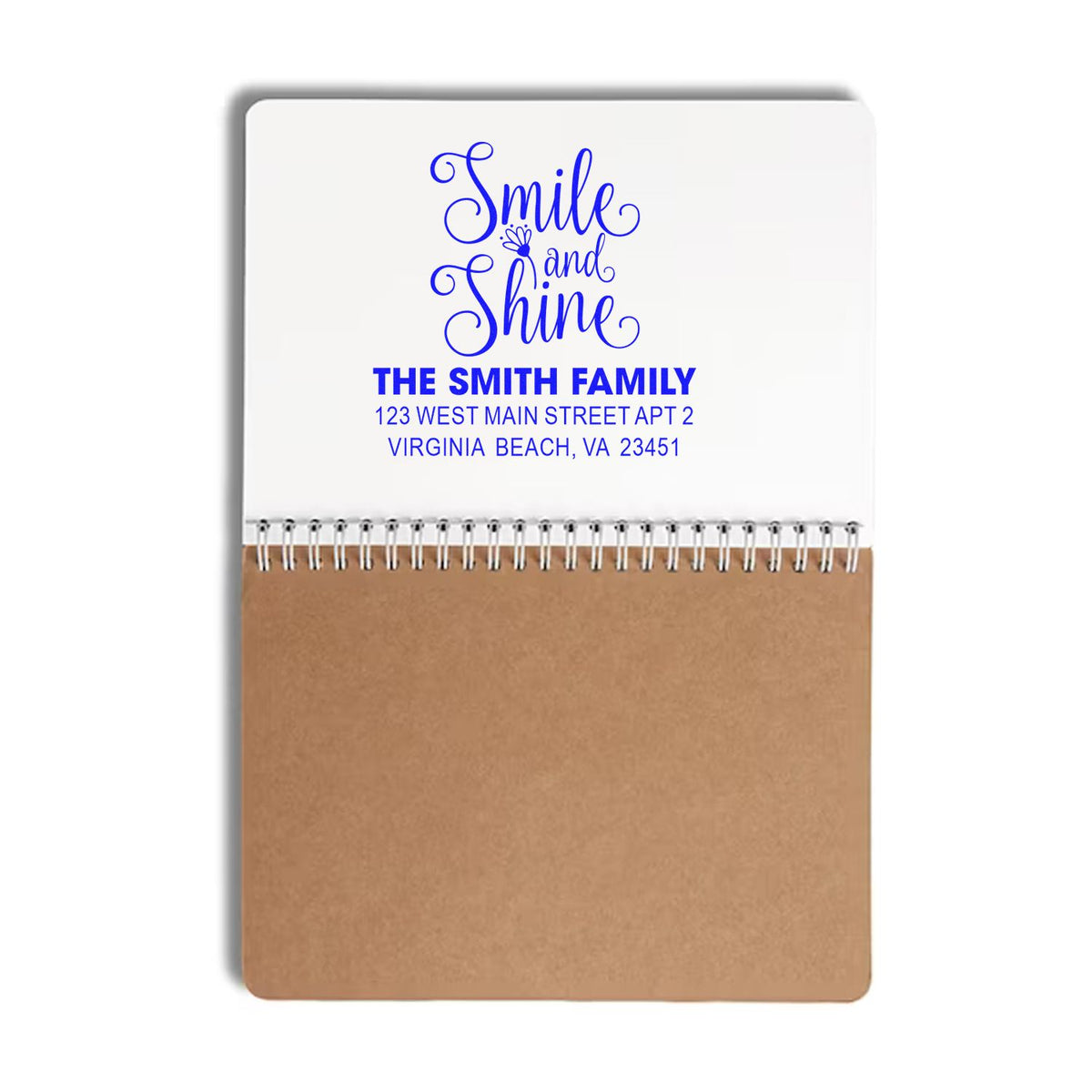 Personalized family address rubber stamp with Smile and Shine design, The Smith Family, Virginia Beach, VA.
