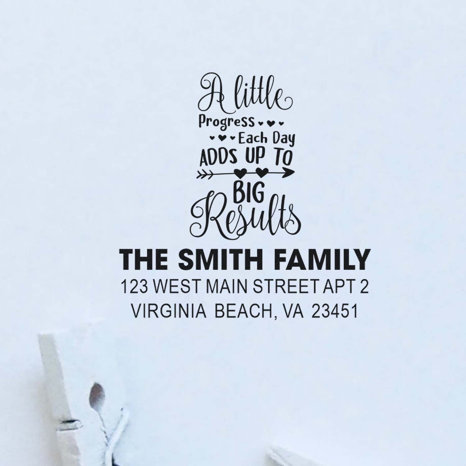 Custom family return address rubber stamp with inspirational quote, The Smith Family, Virginia Beach, VA 23451.