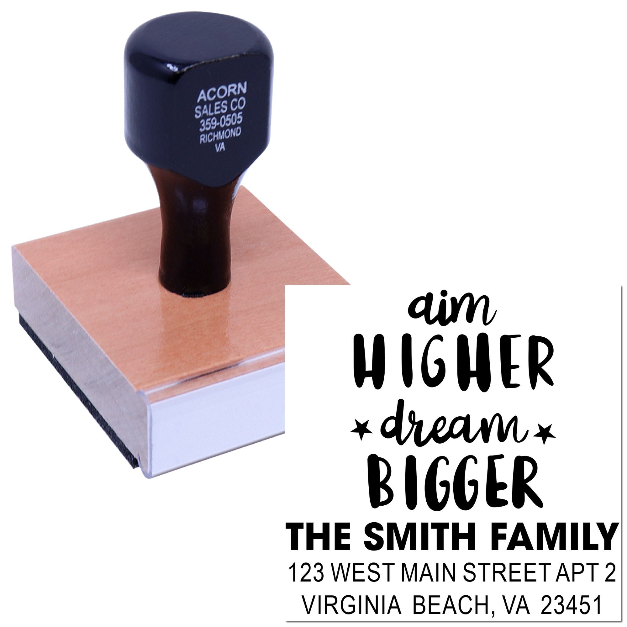 Custom self-inking rubber stamp printing Aim Higher Dream Bigger with The Smith Family return address for mailing and branding.