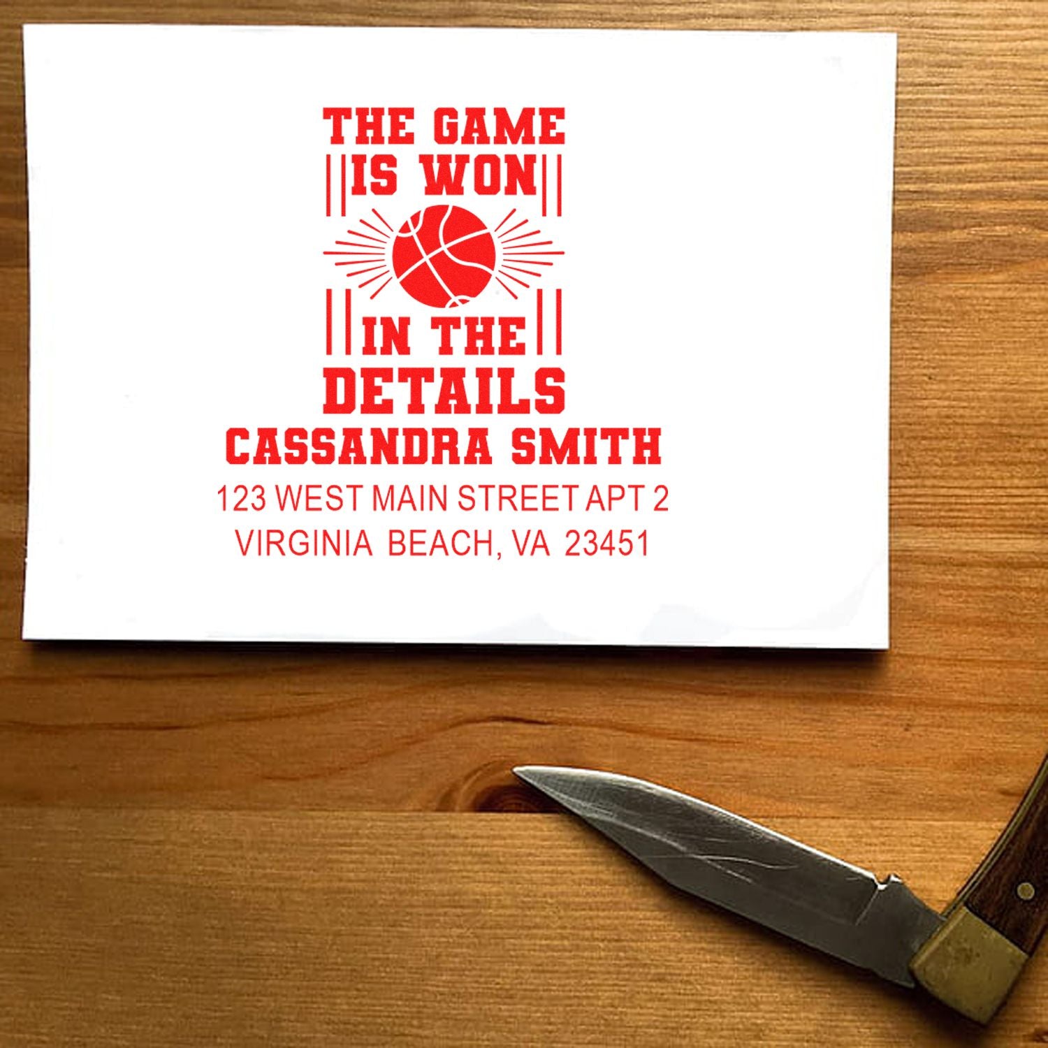 Custom basketball return address rubber stamp with personalized quote, name, and Virginia Beach, VA address.