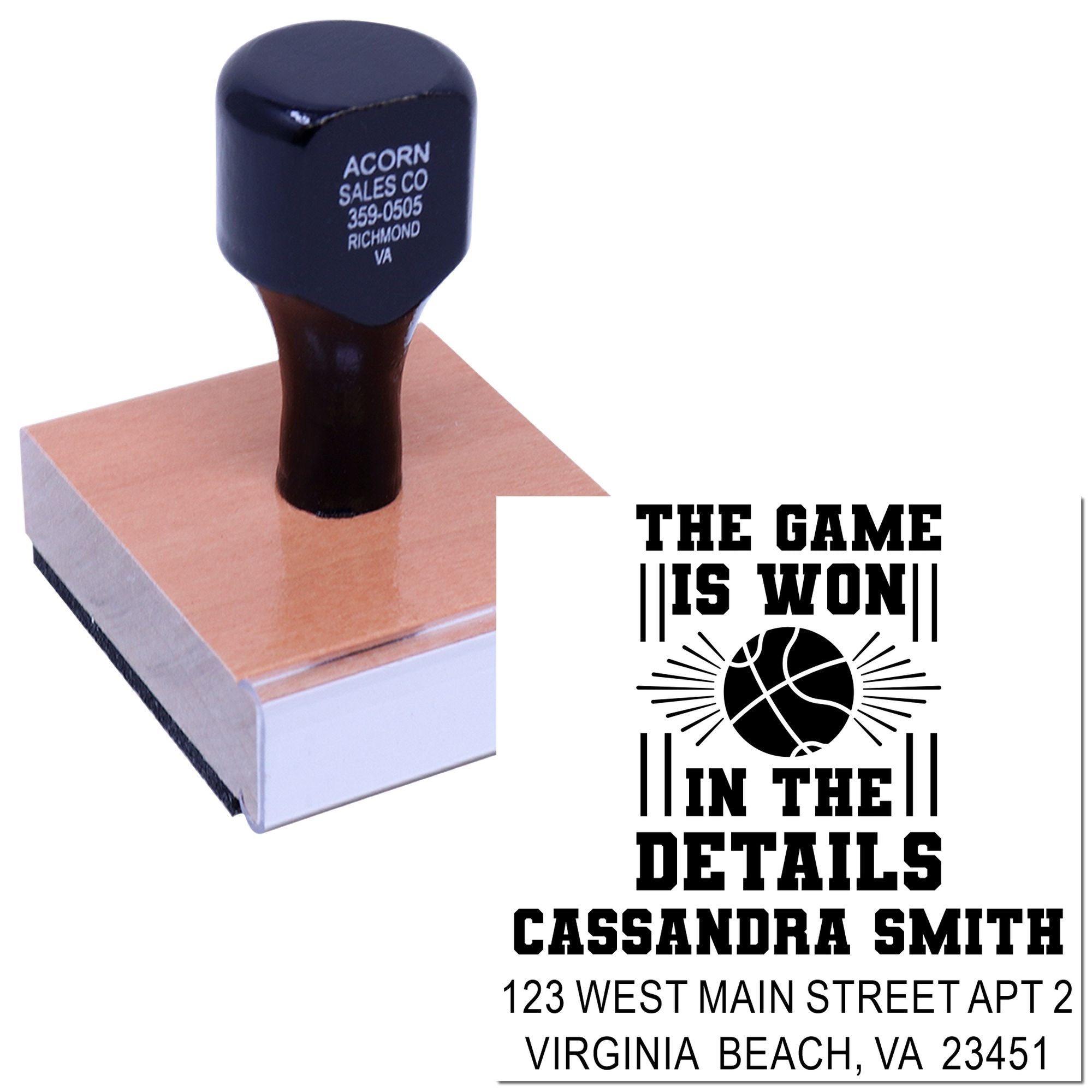 Custom basketball rubber stamp with address and slogan, The game is won in the details, for personalized branding.