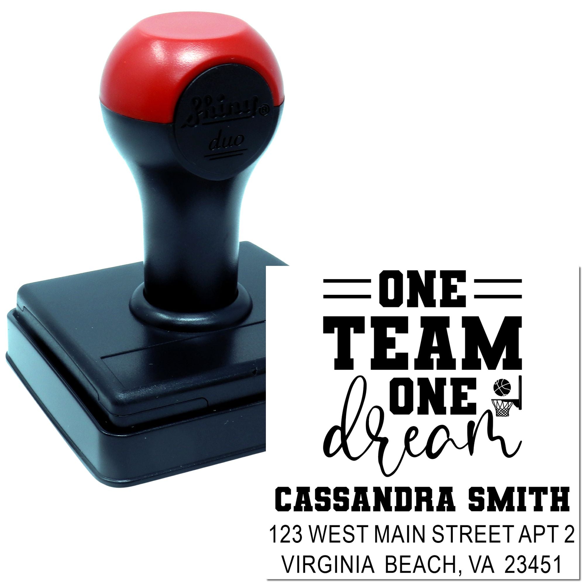 Custom self-inking rubber stamp with basketball-themed One Team One Dream return address design for teams and coaches