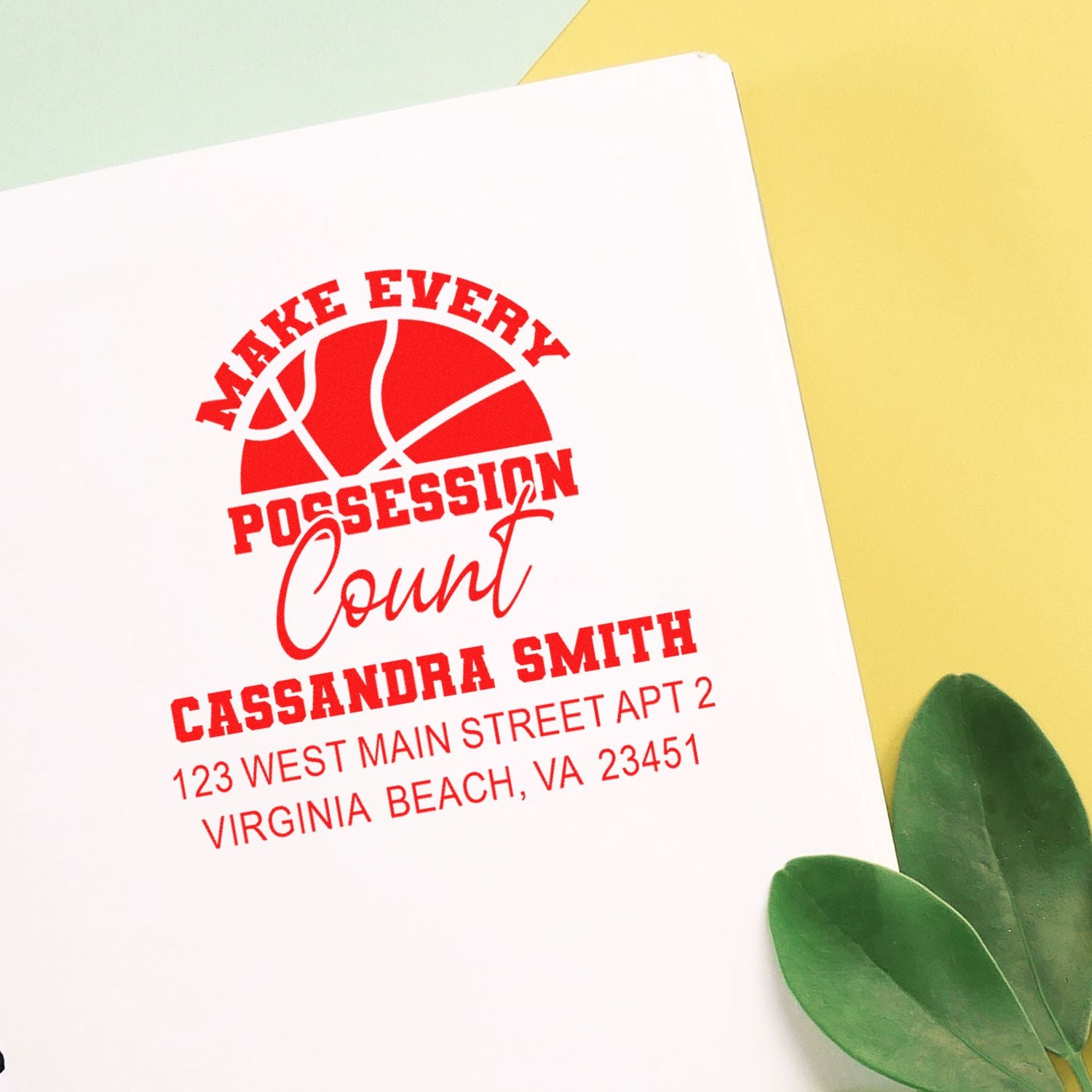 Personalized basketball return address rubber stamp with custom name, address, and Make Every Possession Count design.