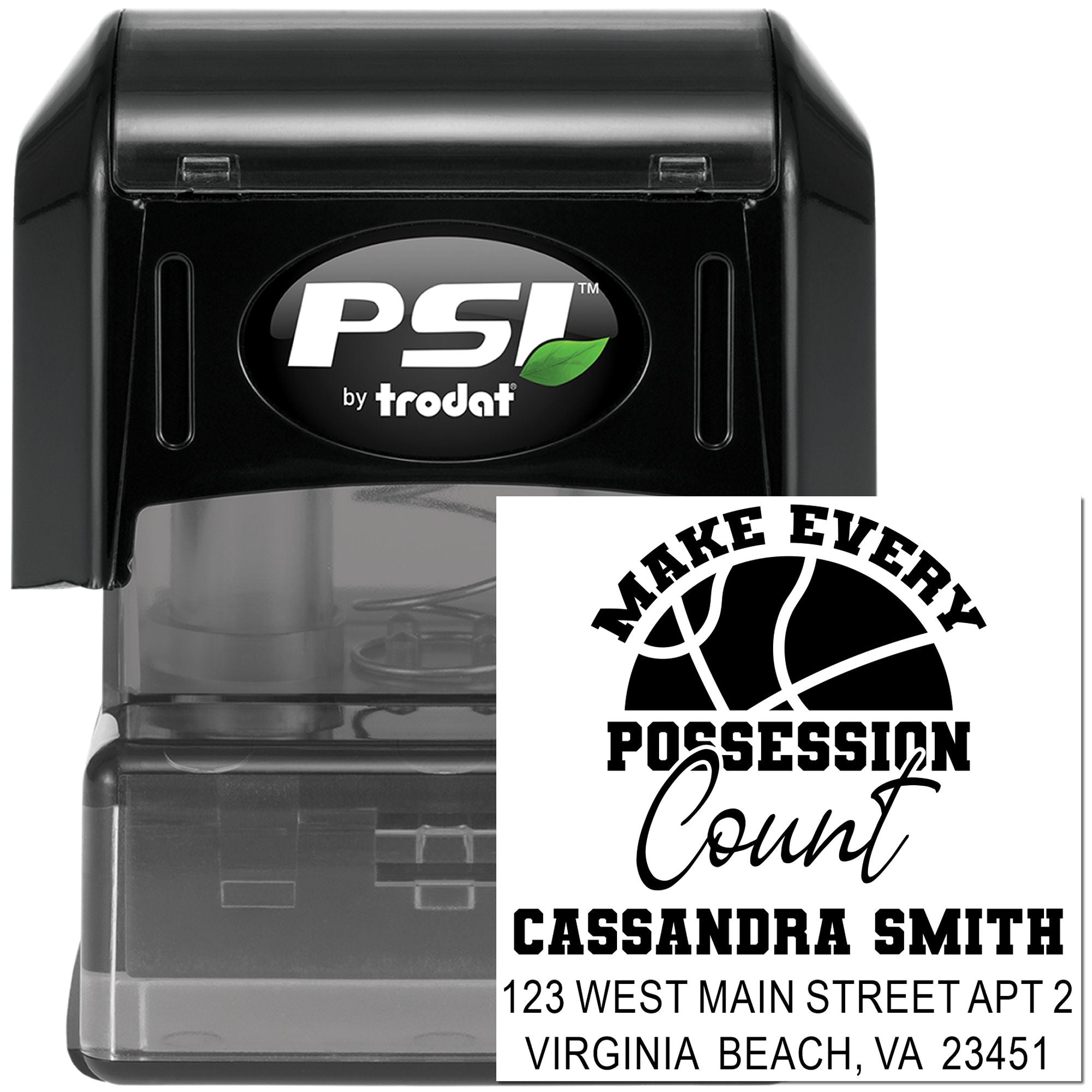 Custom basketball return address rubber stamp, PSI by Trodat self-inking stamp, Make Every Possession Count design
