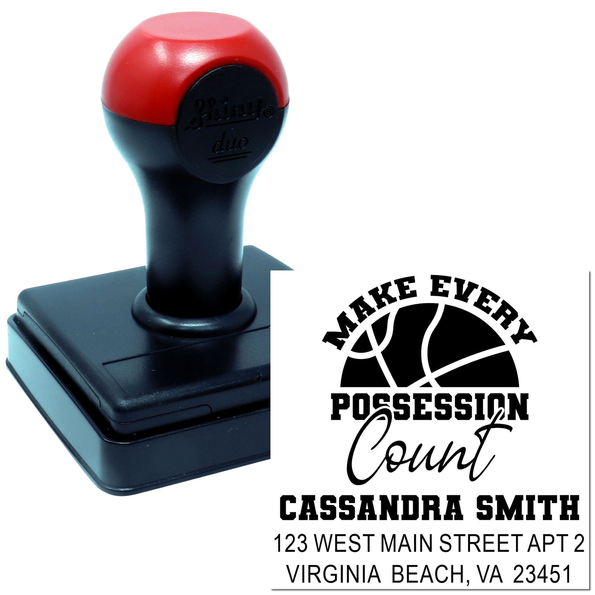 Personalized basketball return address rubber stamp with self-inking stamp and custom Make Every Possession Count design.