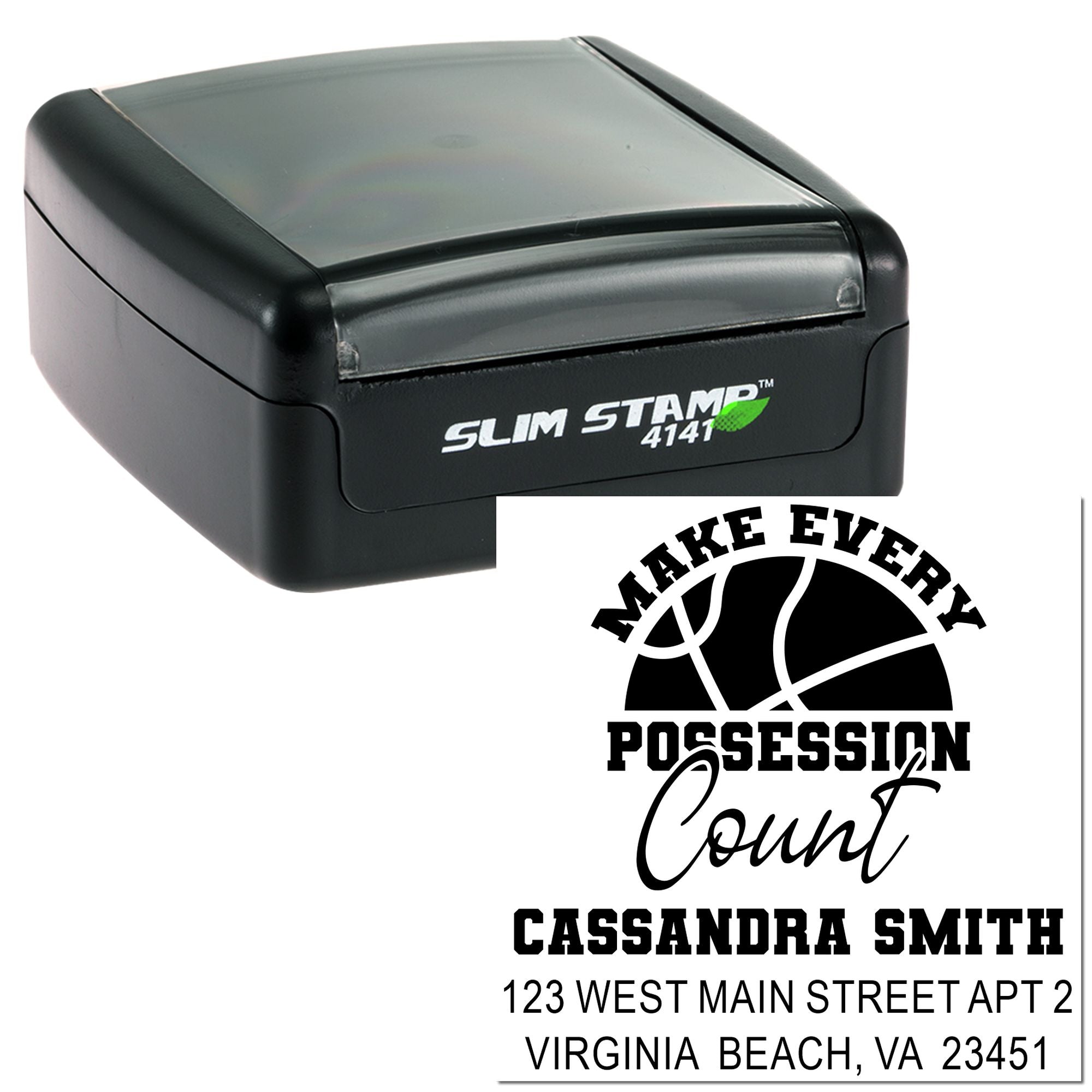 Custom self-inking basketball return address stamp with Make Every Possession Count design for Cassandra Smith, Virginia Beach VA