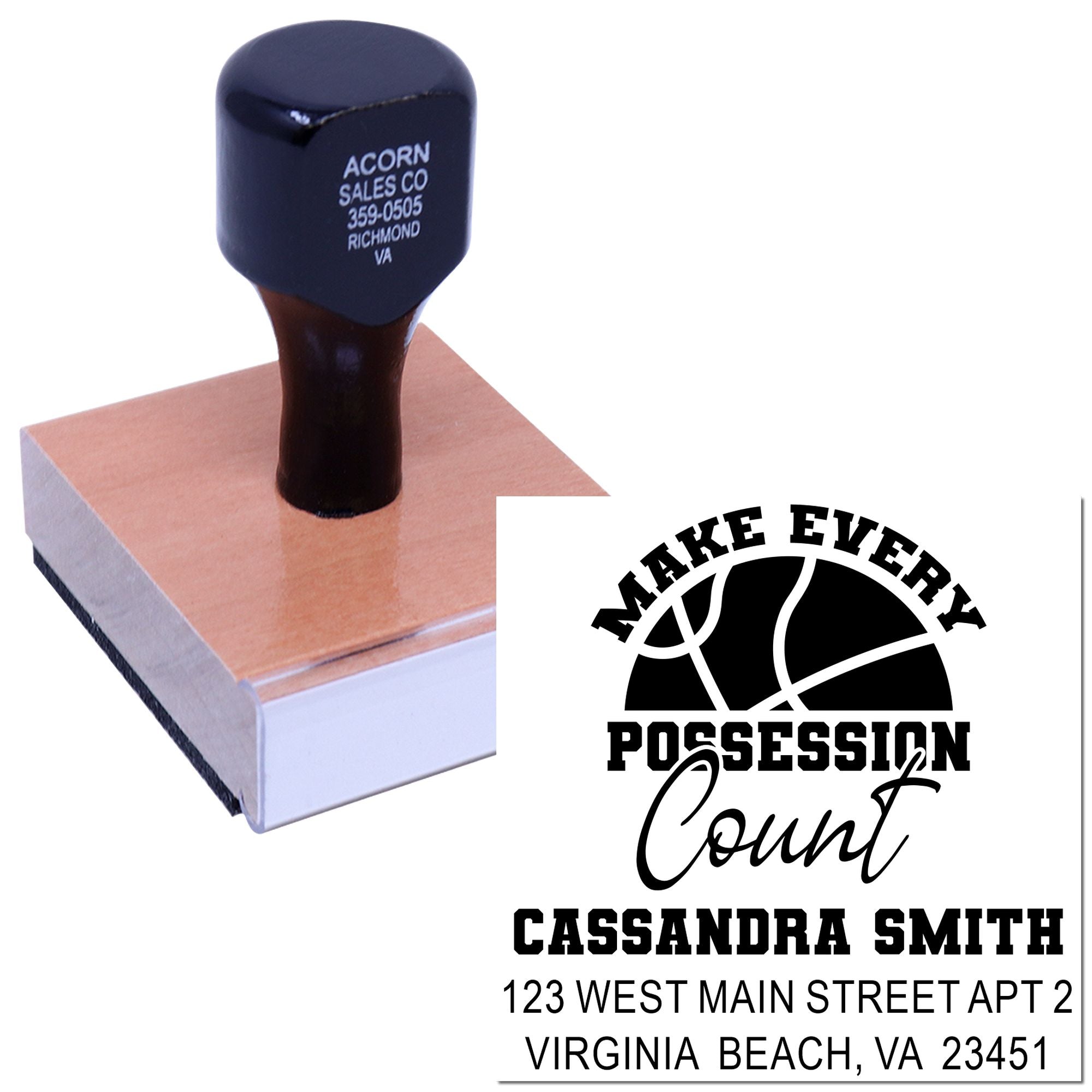 Personalized self-inking rubber stamp with basketball design, custom return address, and Make Every Possession Count text.