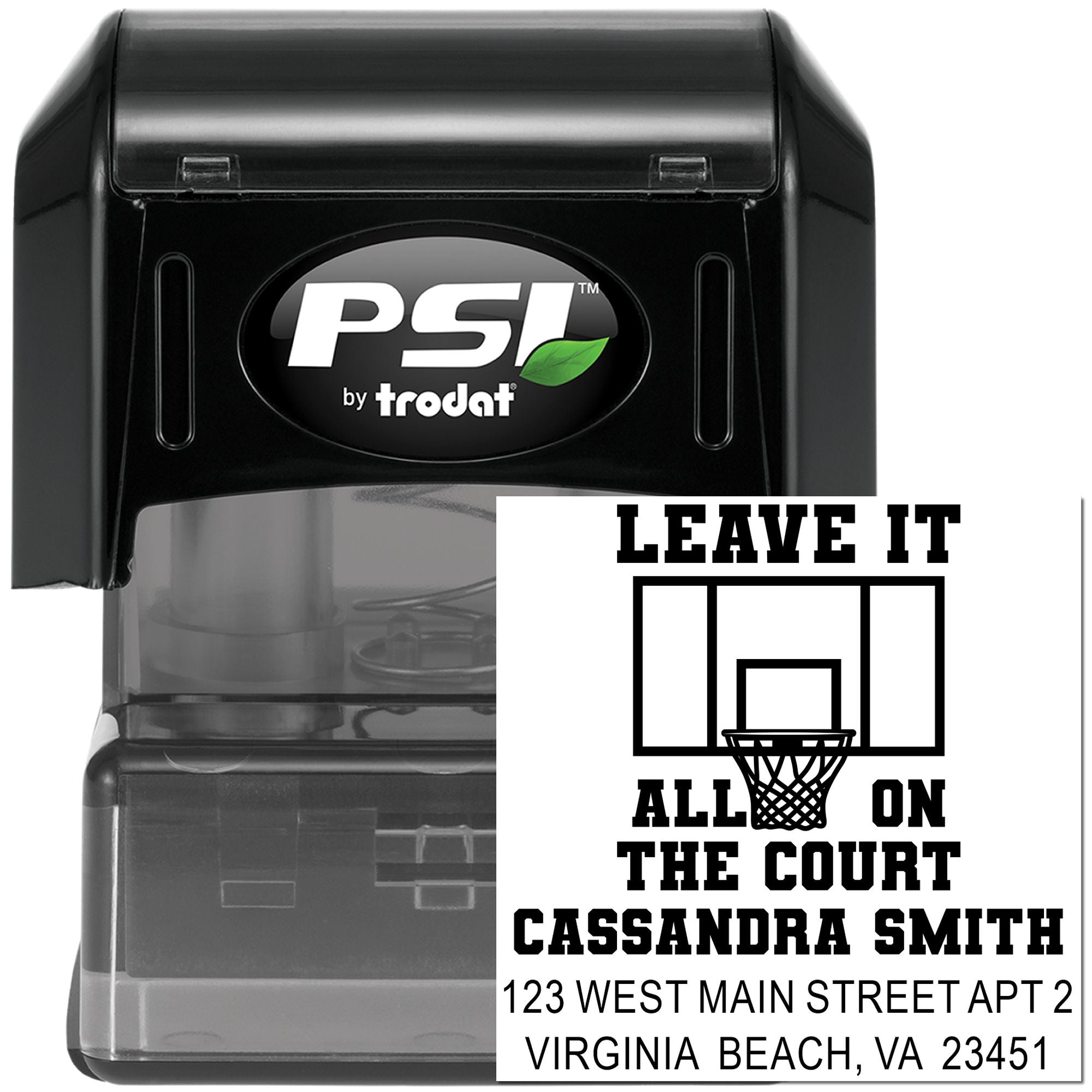 PSI by Trodat custom self-inking rubber stamp with basketball Leave it all on the court design and personalized address.