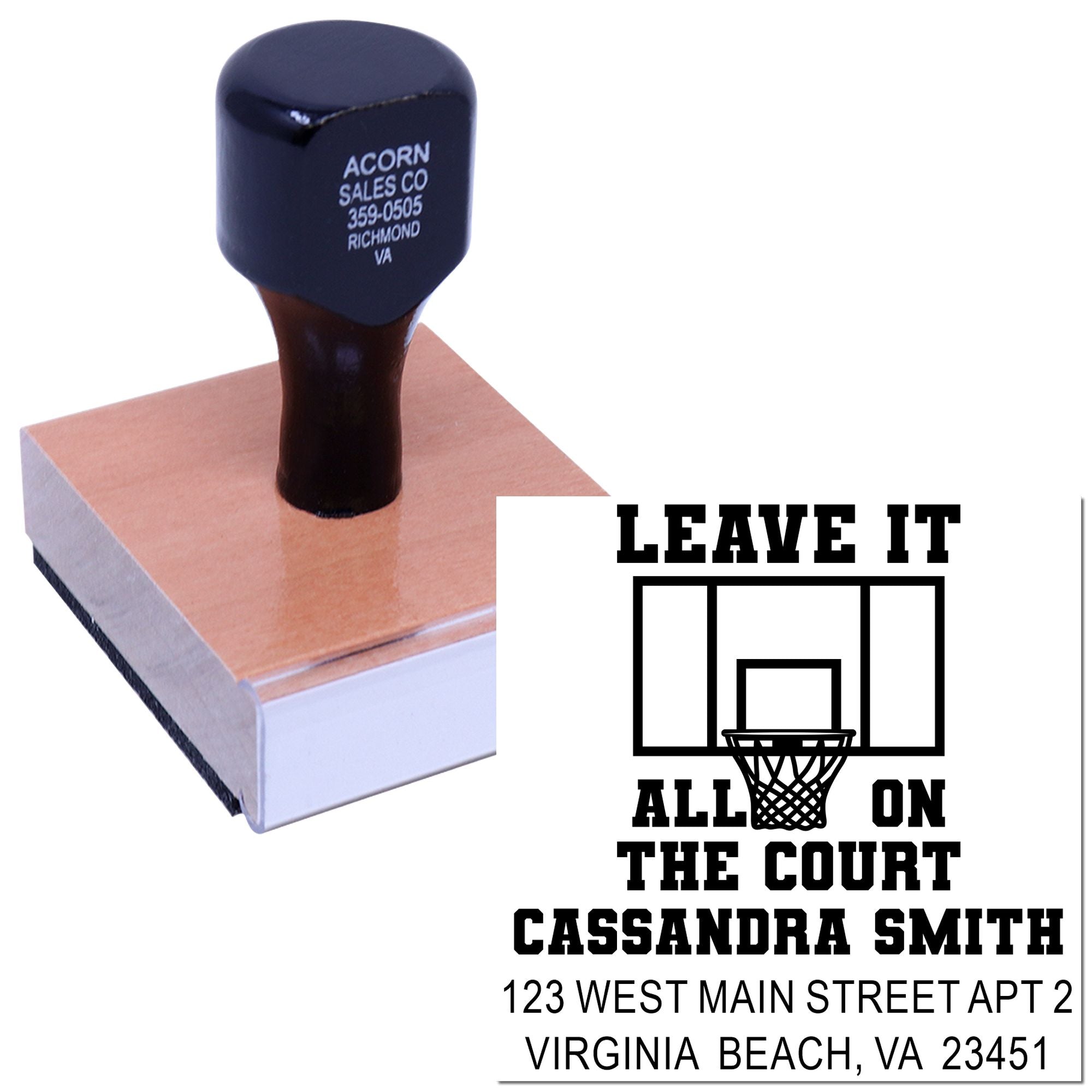 Custom basketball return address rubber stamp with Leave It All on the Court design for sports mailings and fan gifts.