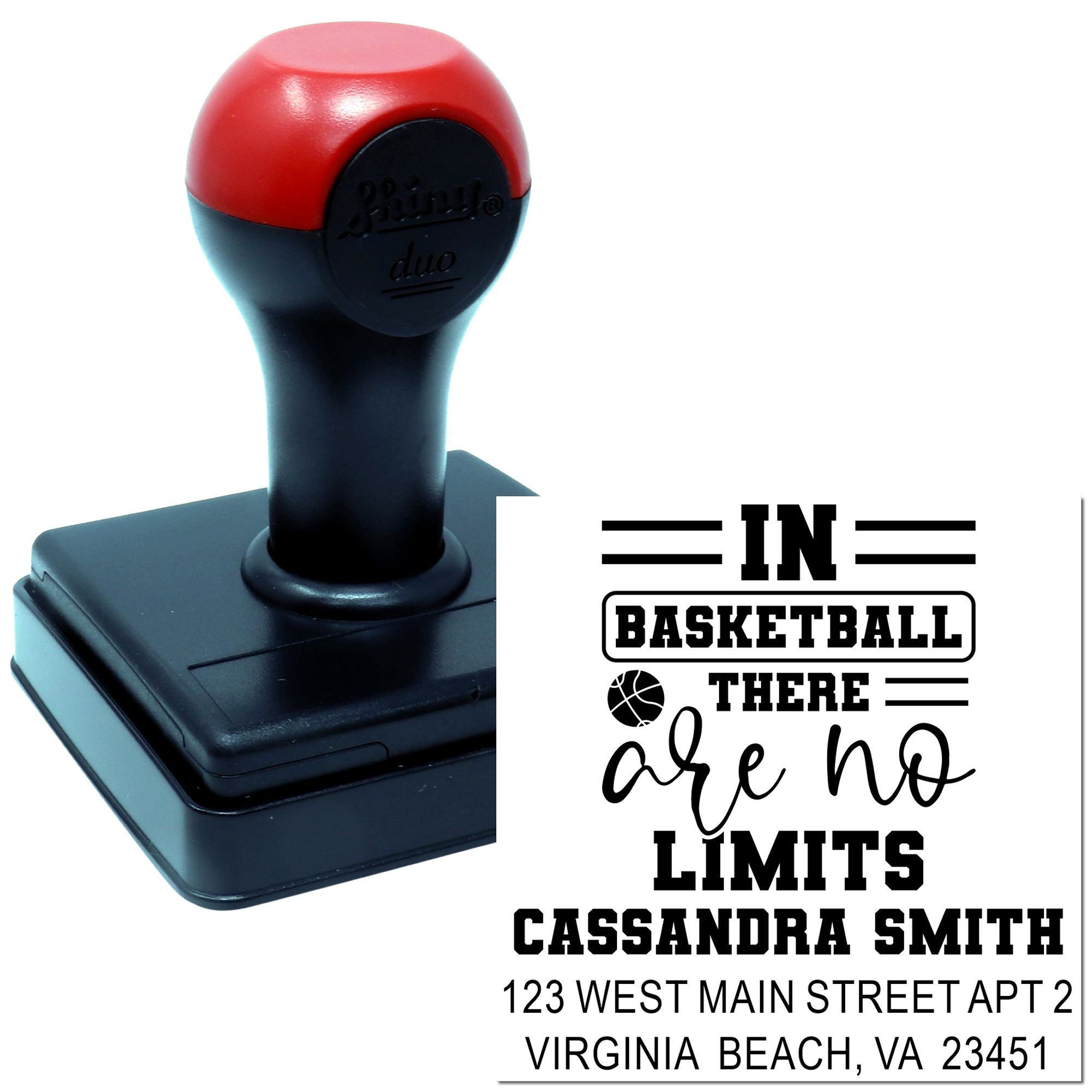 Custom self-inking basketball rubber stamp with personalized quote, name, and address for Cassandra Smith.