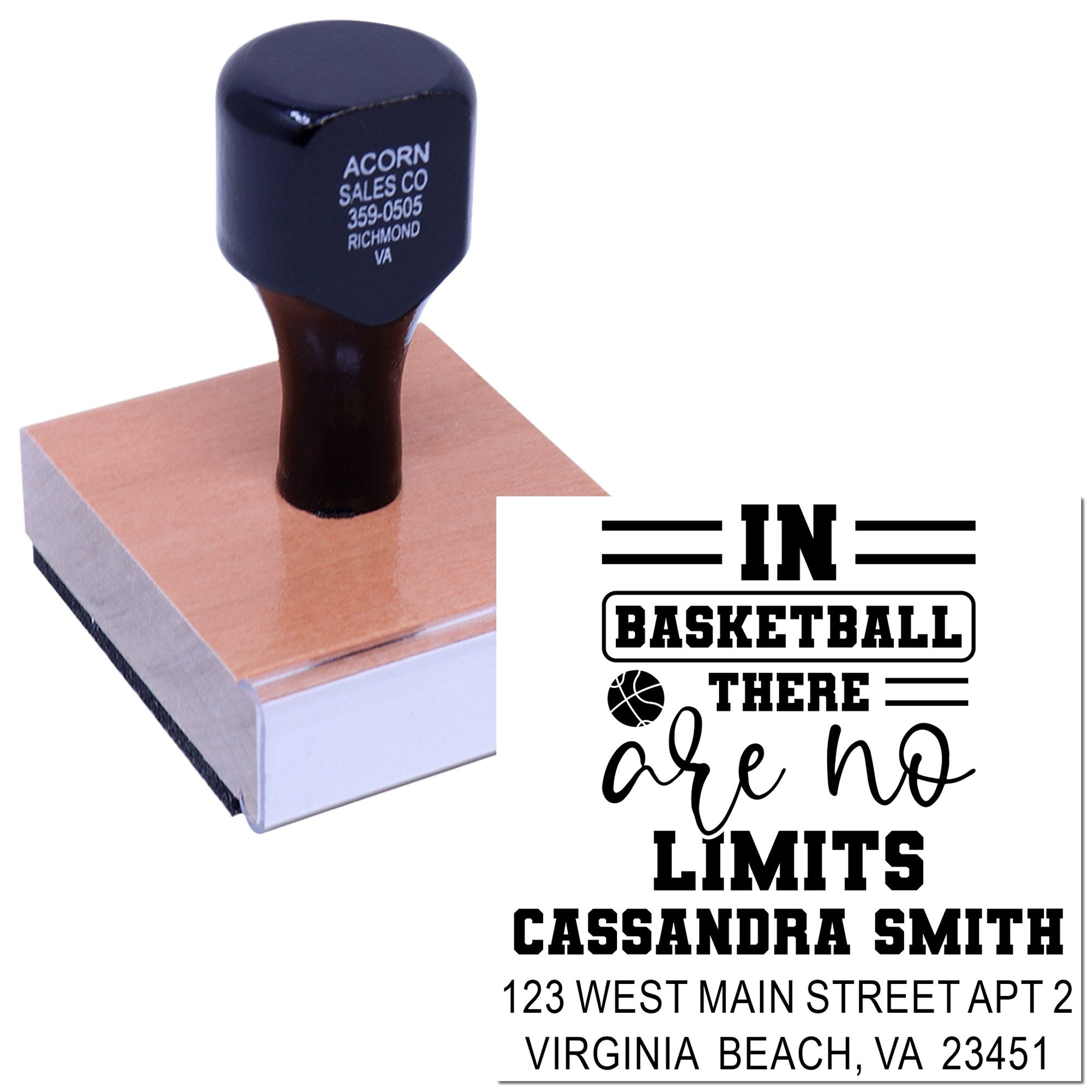 Custom basketball return address rubber stamp with motivational quote, personalized name, and mailing address.