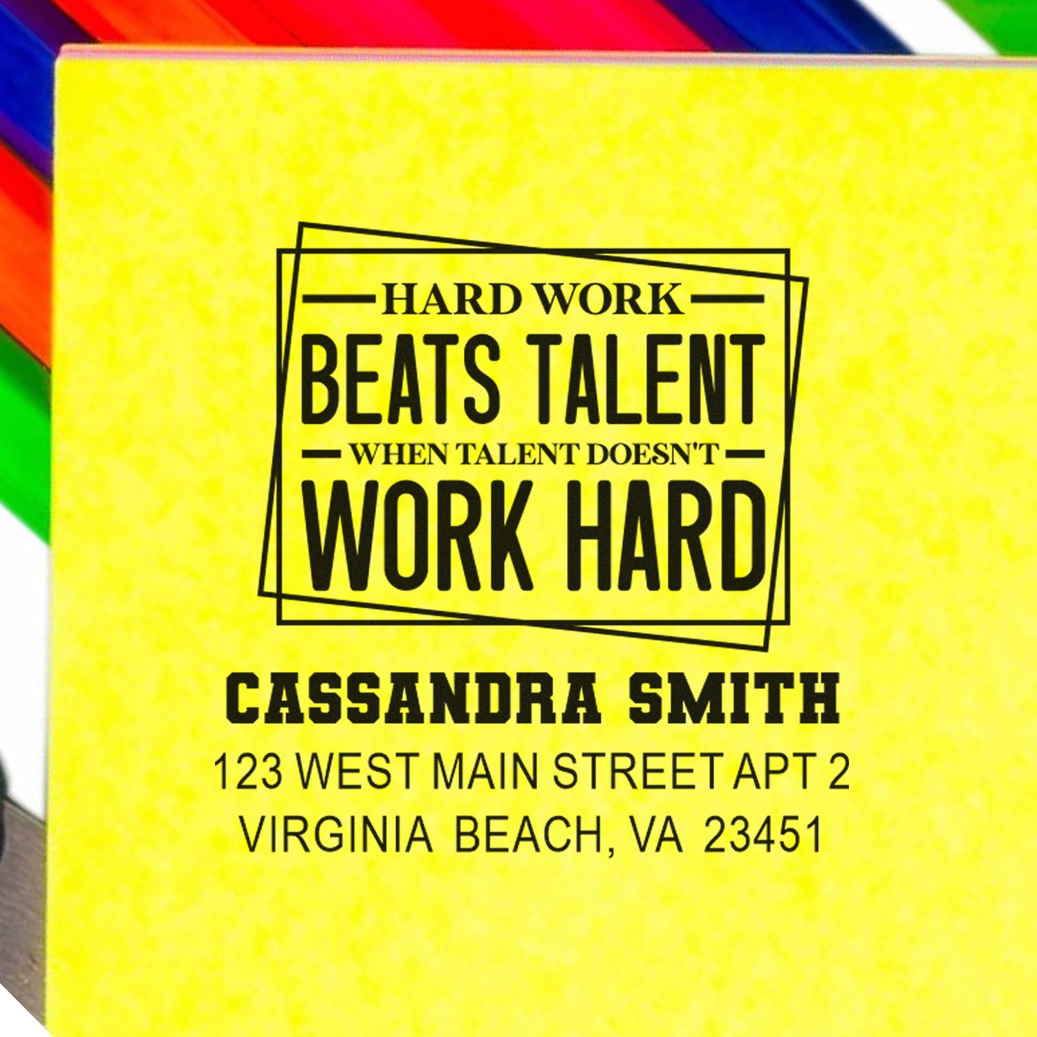 Personalized return address rubber stamp with motivational quote for Cassandra Smith, Virginia Beach, VA 23451.