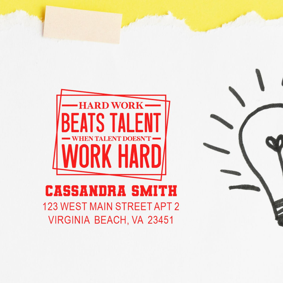 Custom rubber stamp with motivational quote and return address for Cassandra Smith, Virginia Beach, VA.