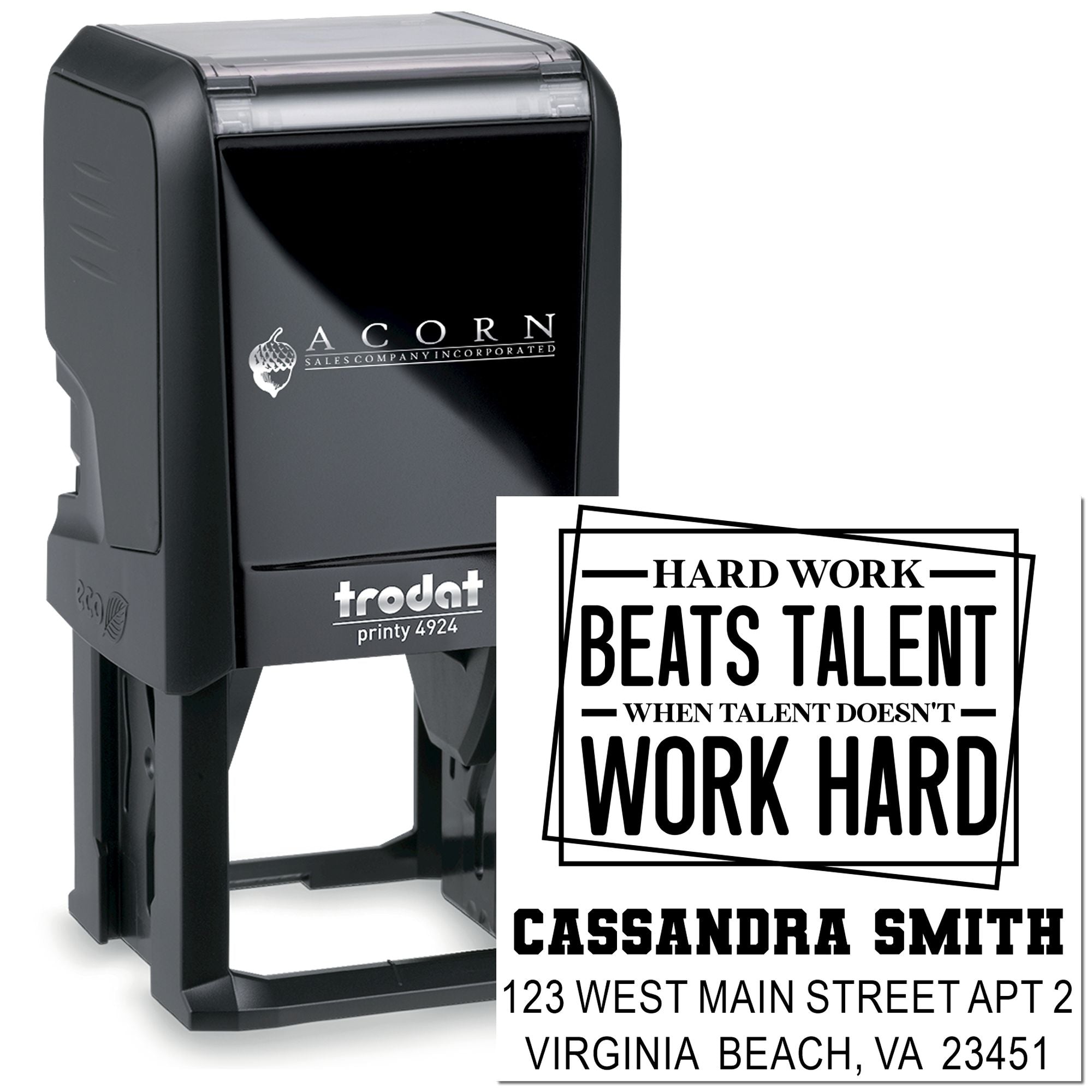 Custom self-inking rubber stamp with motivational quote, name, and address for personalized business branding.