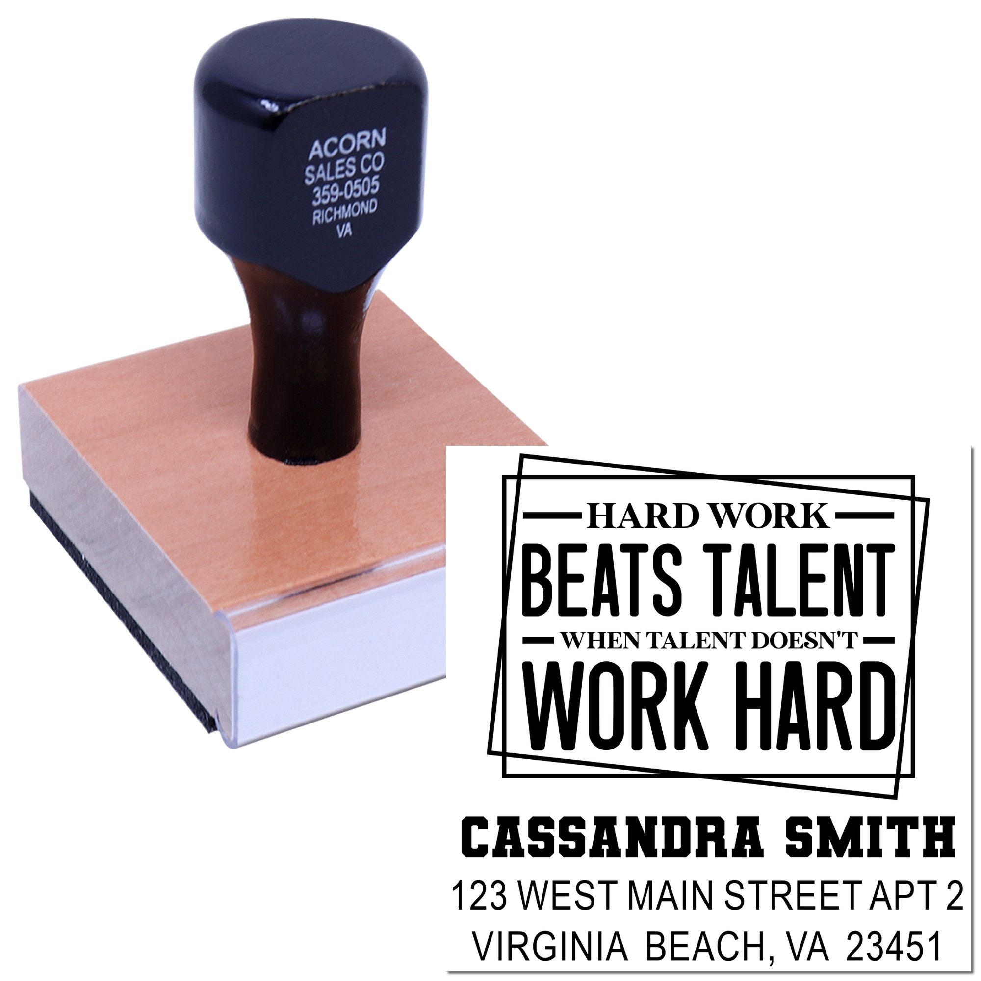Personalized rubber stamp with motivational quote and custom address imprint for business branding and mailing