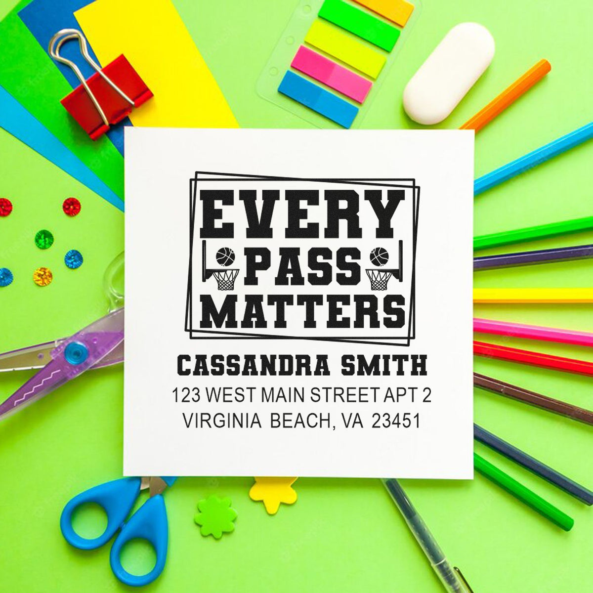 Custom basketball return address rubber stamp design with Every Pass Matters for Cassandra Smith.