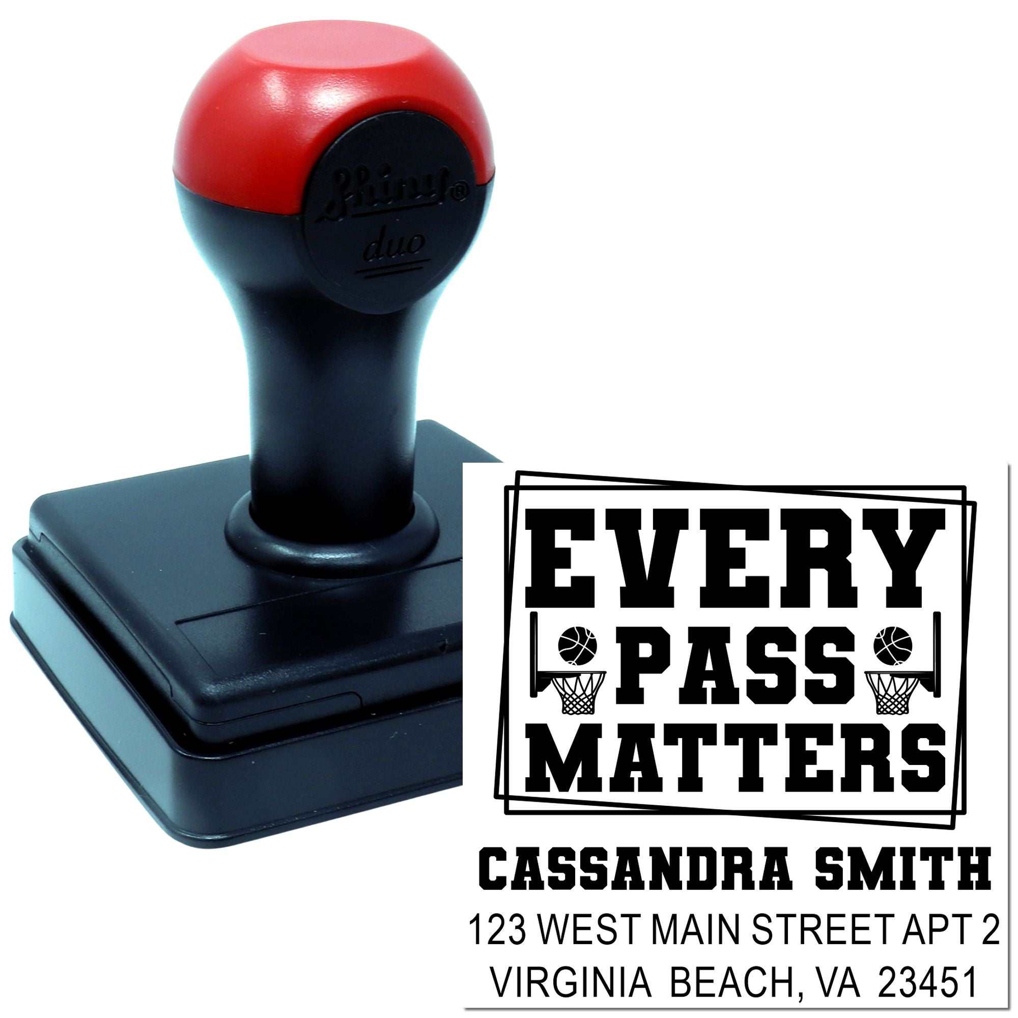 Custom self-inking rubber stamp with Every Pass Matters basketball design, personalized for name and address.