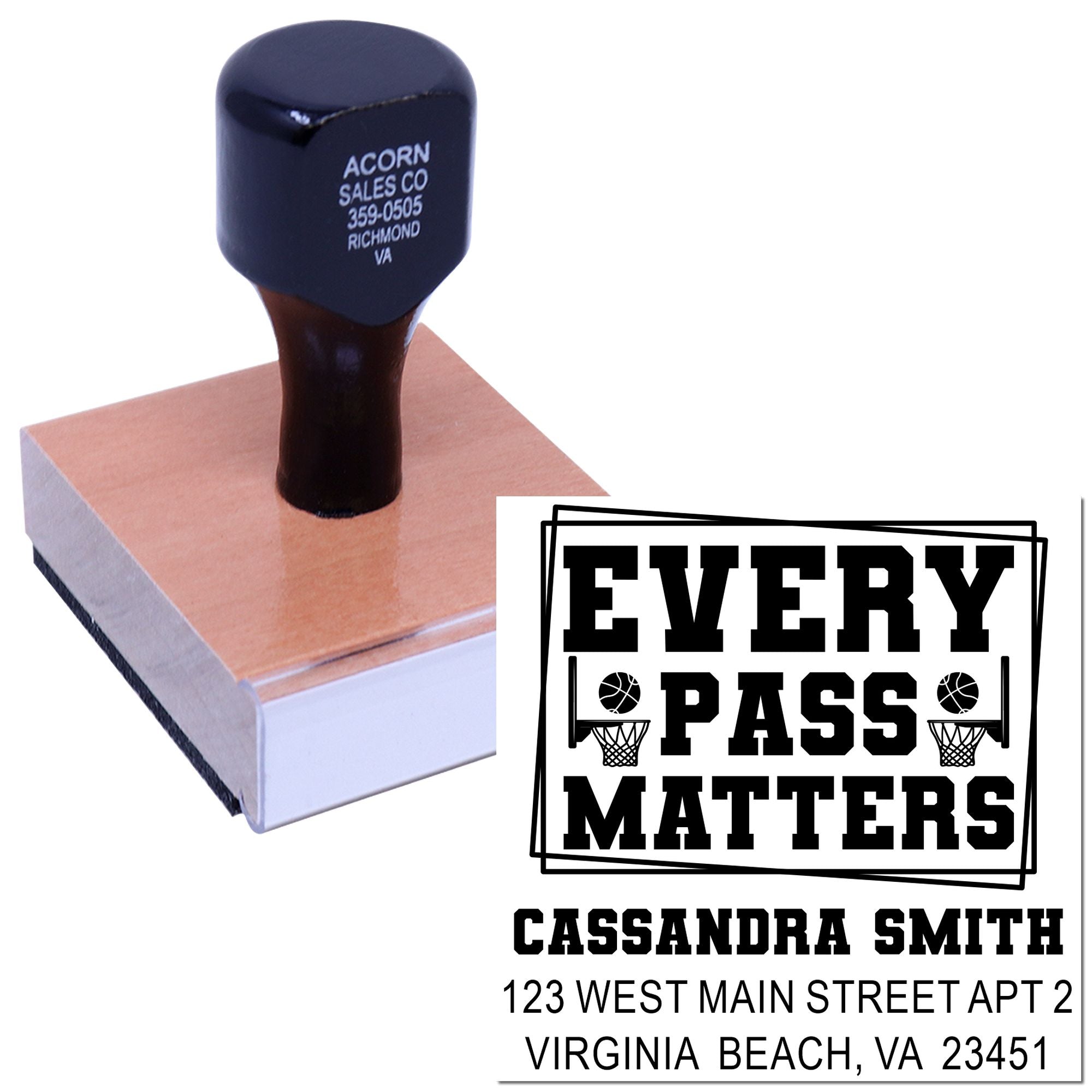 Custom self-inking basketball rubber stamp with Every Pass Matters design, name, and address for coaches or team use.