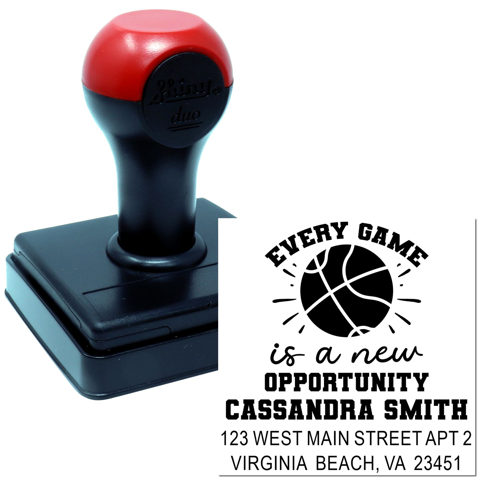 Custom self-inking rubber stamp with basketball design and personalized motivational message for coaches, teams, or events.