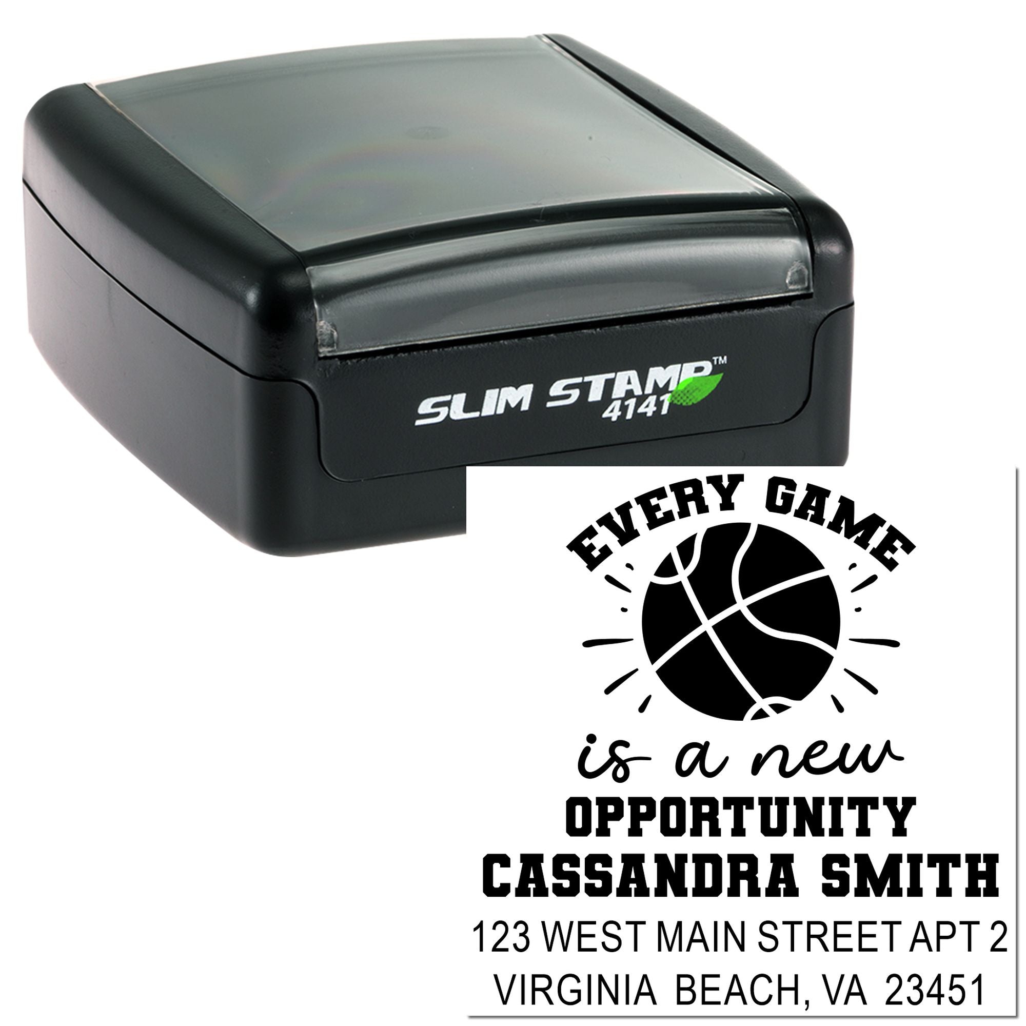 Custom self-inking Slim Stamp rubber stamp with basketball design and personalized name and address imprint.