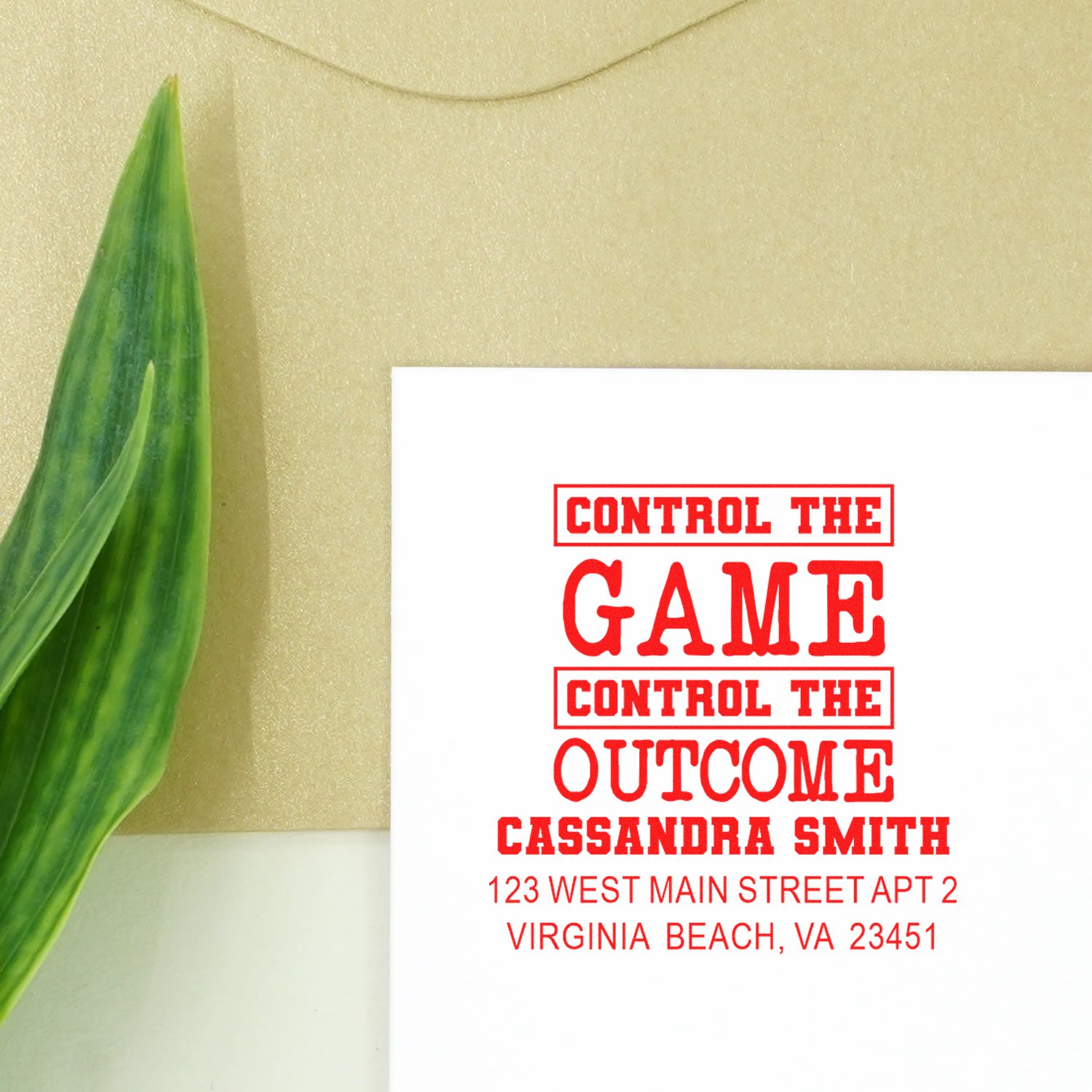 Custom rubber stamp with Control the Game, Control the Outcome and return address for personalized mailing and branding.