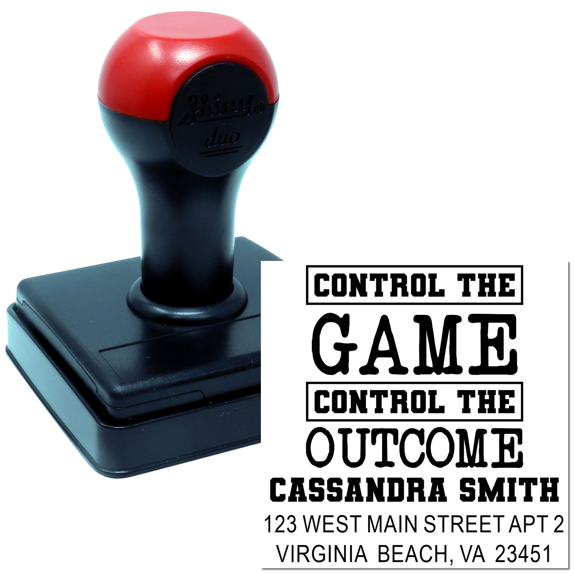 Custom self-inking rubber stamp with Control the Game, Control the Outcome return address imprint for branding.
