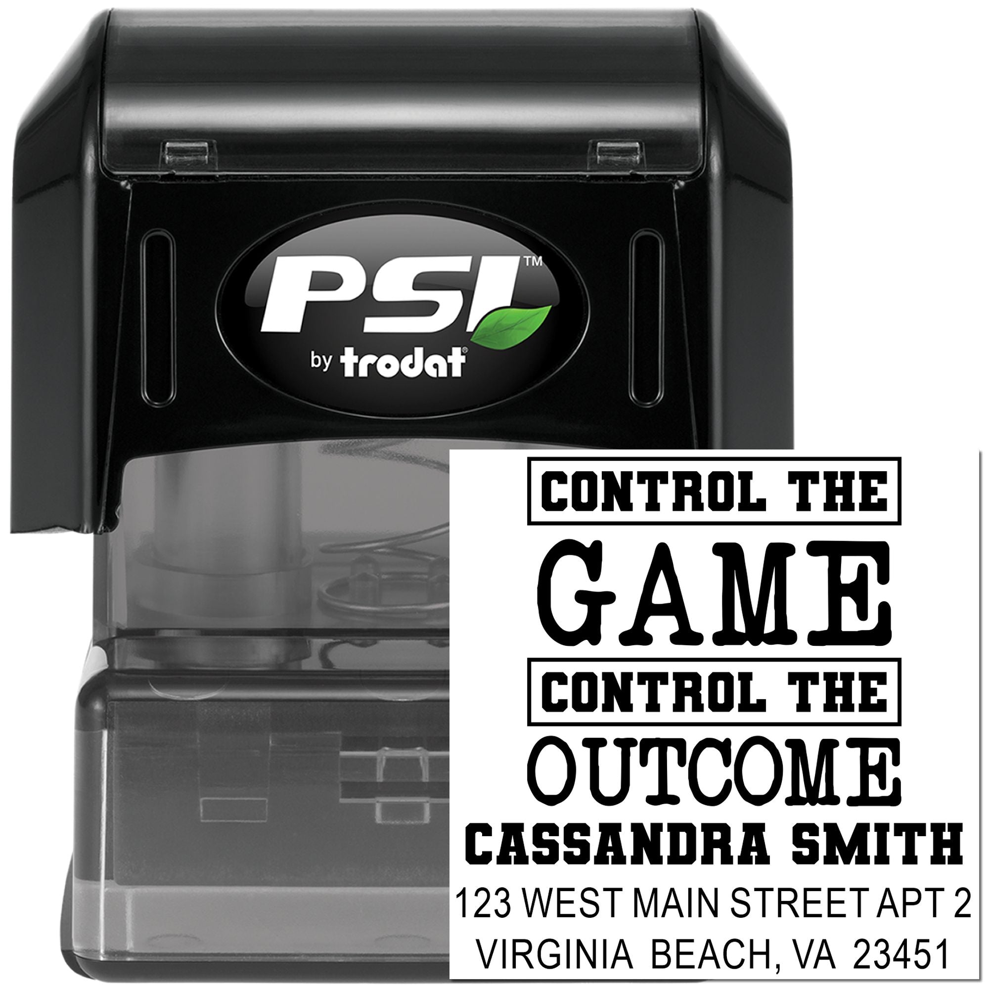 Custom self-inking rubber stamp by PSI Trodat with Control the Game, Control the Outcome name and address imprint.