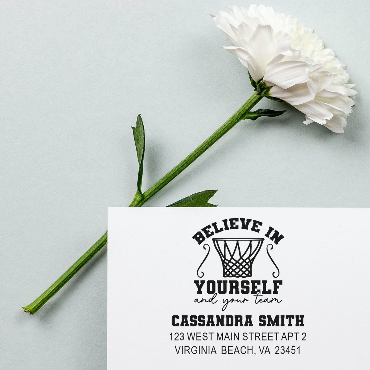 Personalized basketball coach rubber stamp with Believe in Yourself slogan and custom return address stamp design.