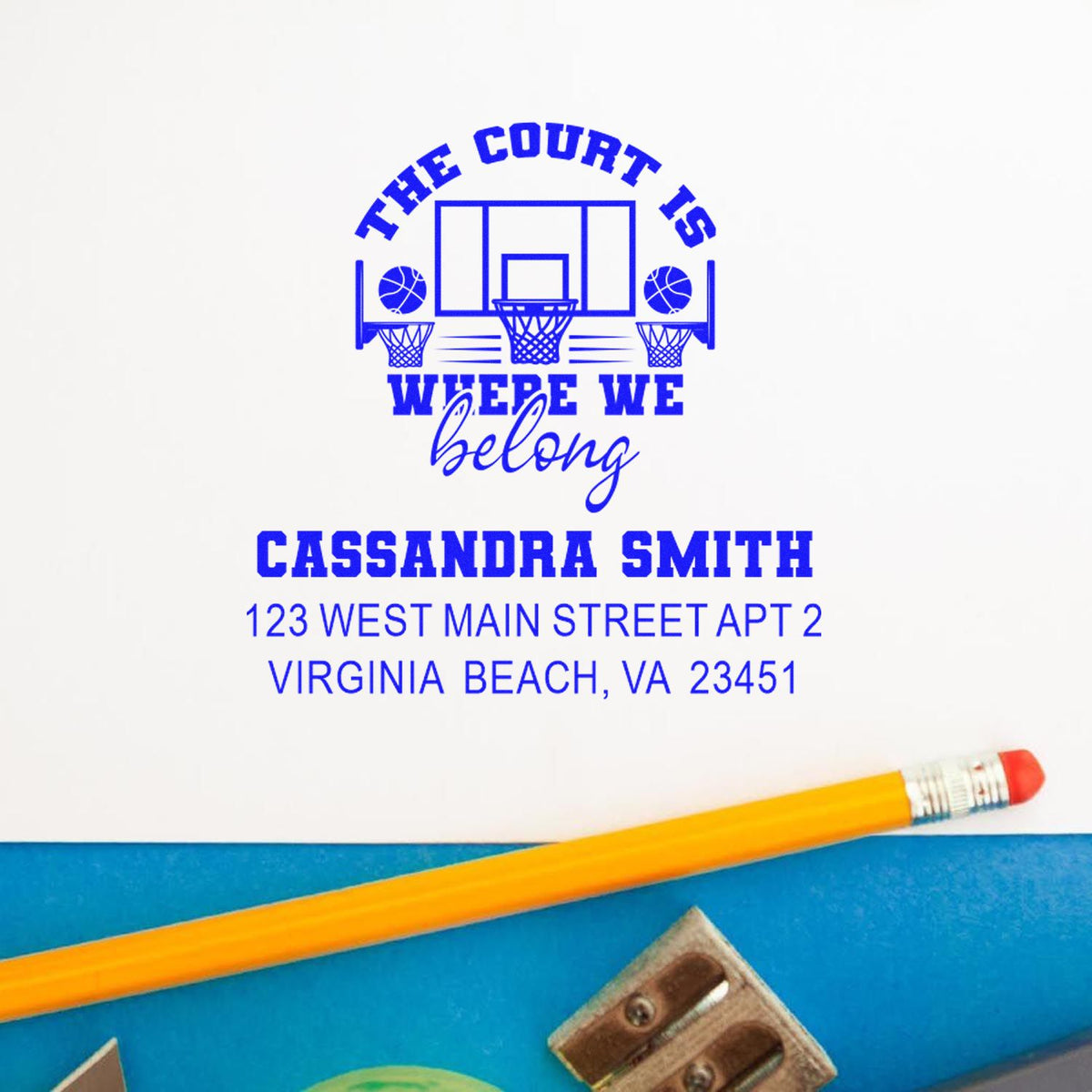 Custom basketball-themed return address rubber stamp for Cassandra Smith, Virginia Beach, featuring The Court Is Where We Belong.