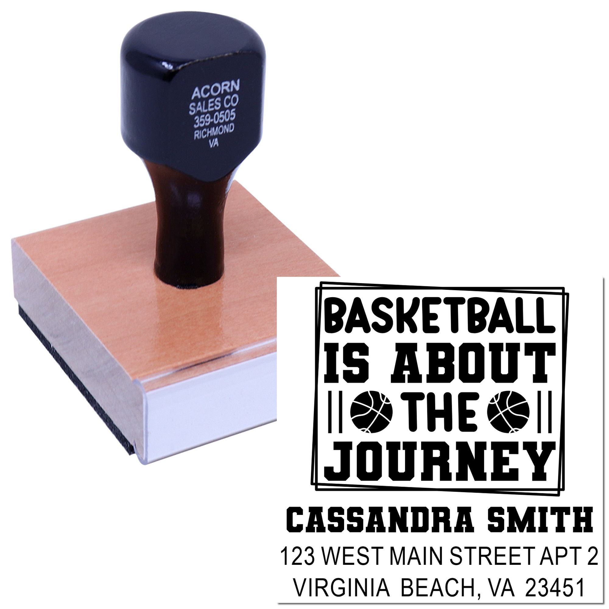 Custom basketball rubber stamp showing a personalized return address design with name and Virginia Beach address.