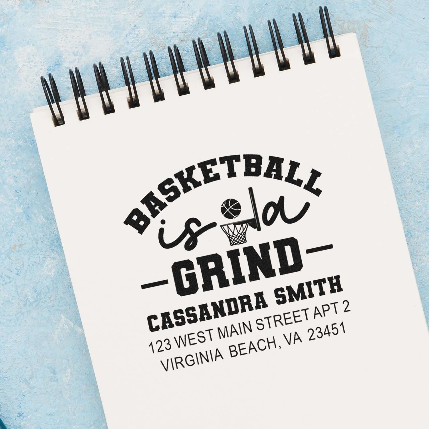 Custom basketball rubber stamp with name and address, featuring Basketball is a Grind for personalized stationery.