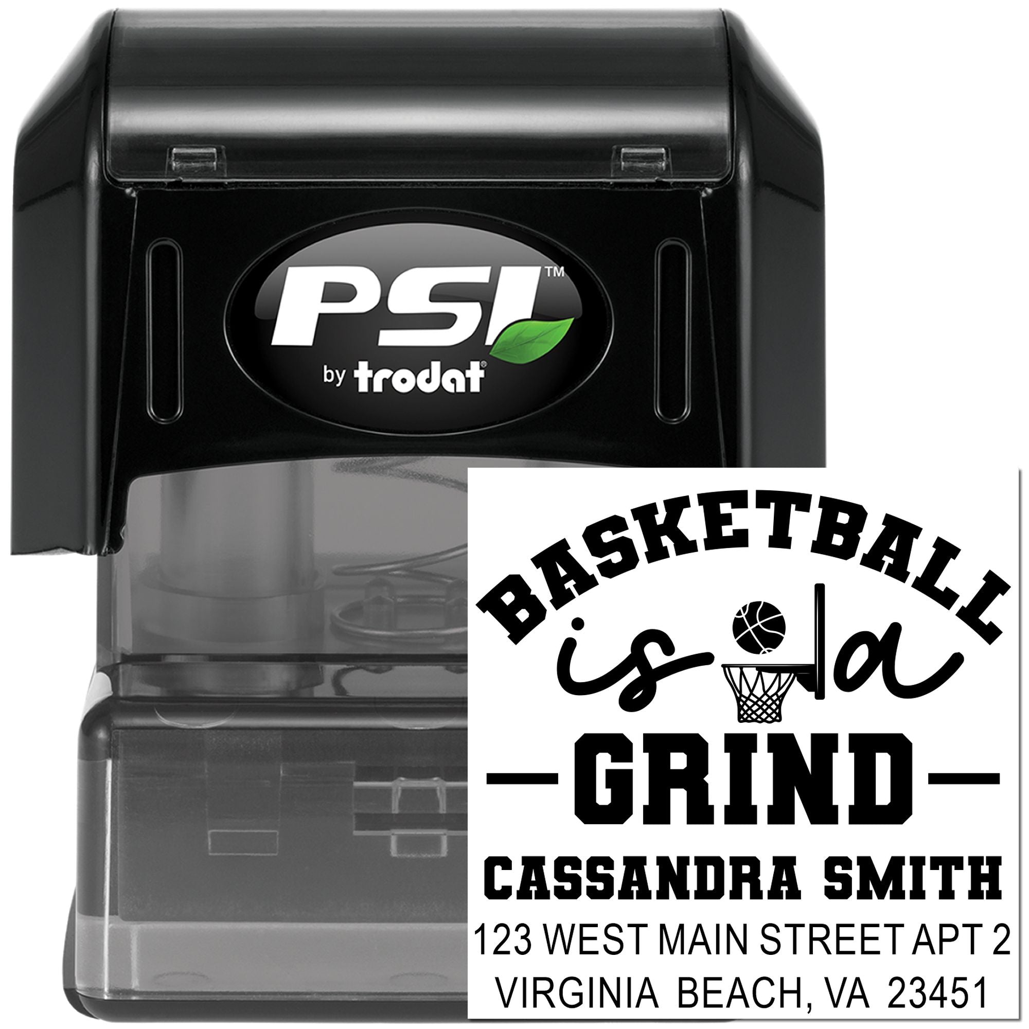 Basketball quote custom rubber stamp with name and address, self-inking PSI by Trodat.