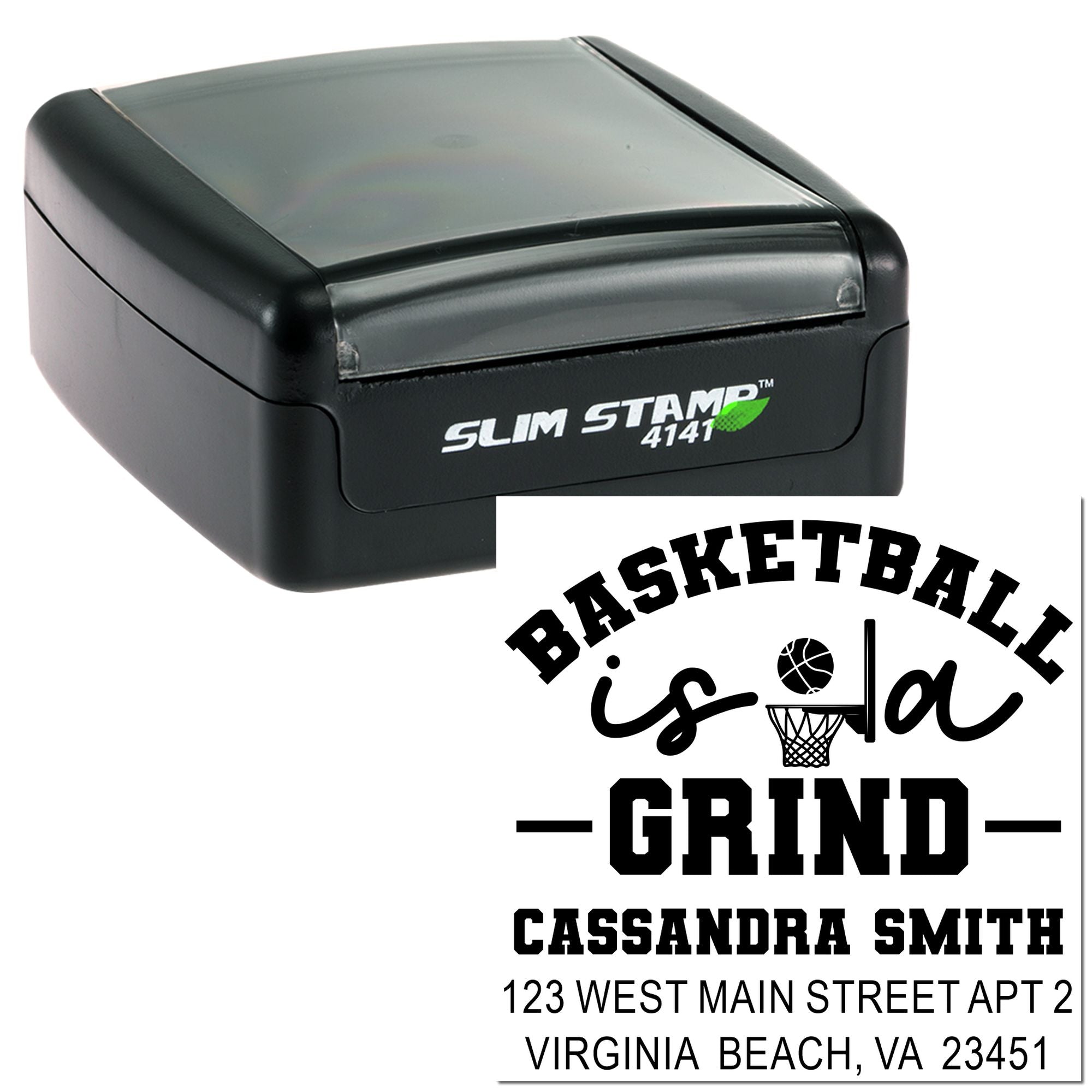 Custom basketball self-inking rubber stamp with name and address, perfect for sports-themed mail and team gifts.