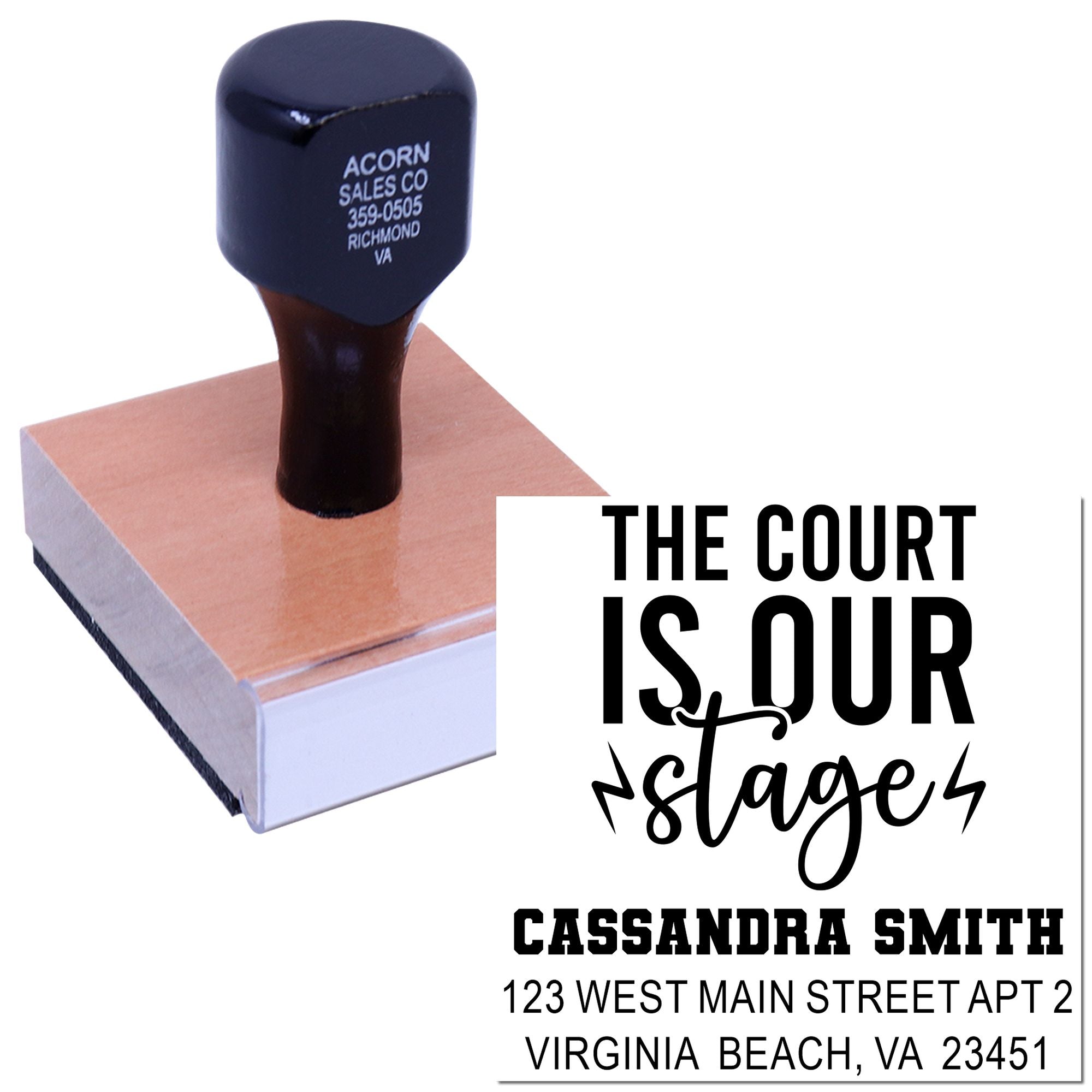 Custom rubber stamp with The Court Is Our Stage design, name and address, for personalized wedding or home mailing.