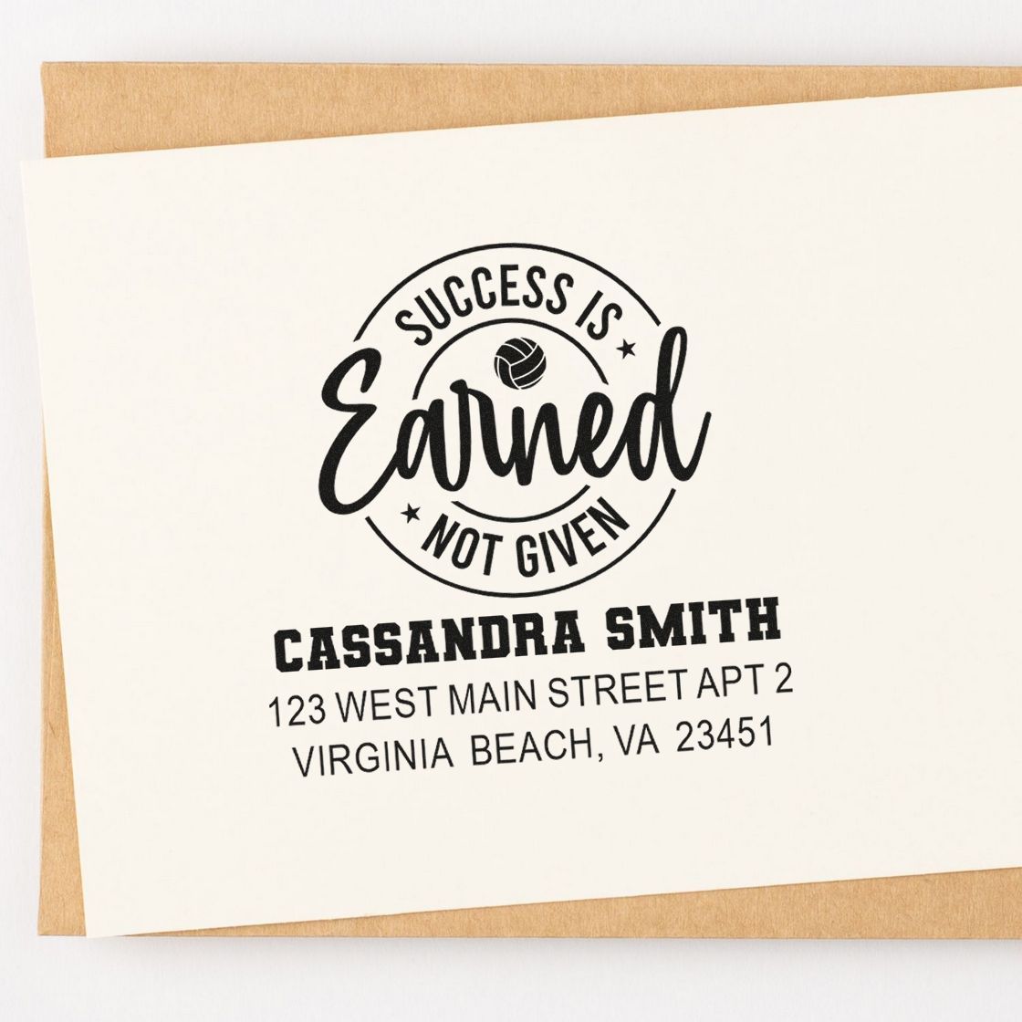 Custom return address rubber stamp with Success Is Earned Not Given design for Cassandra Smith in Virginia Beach.
